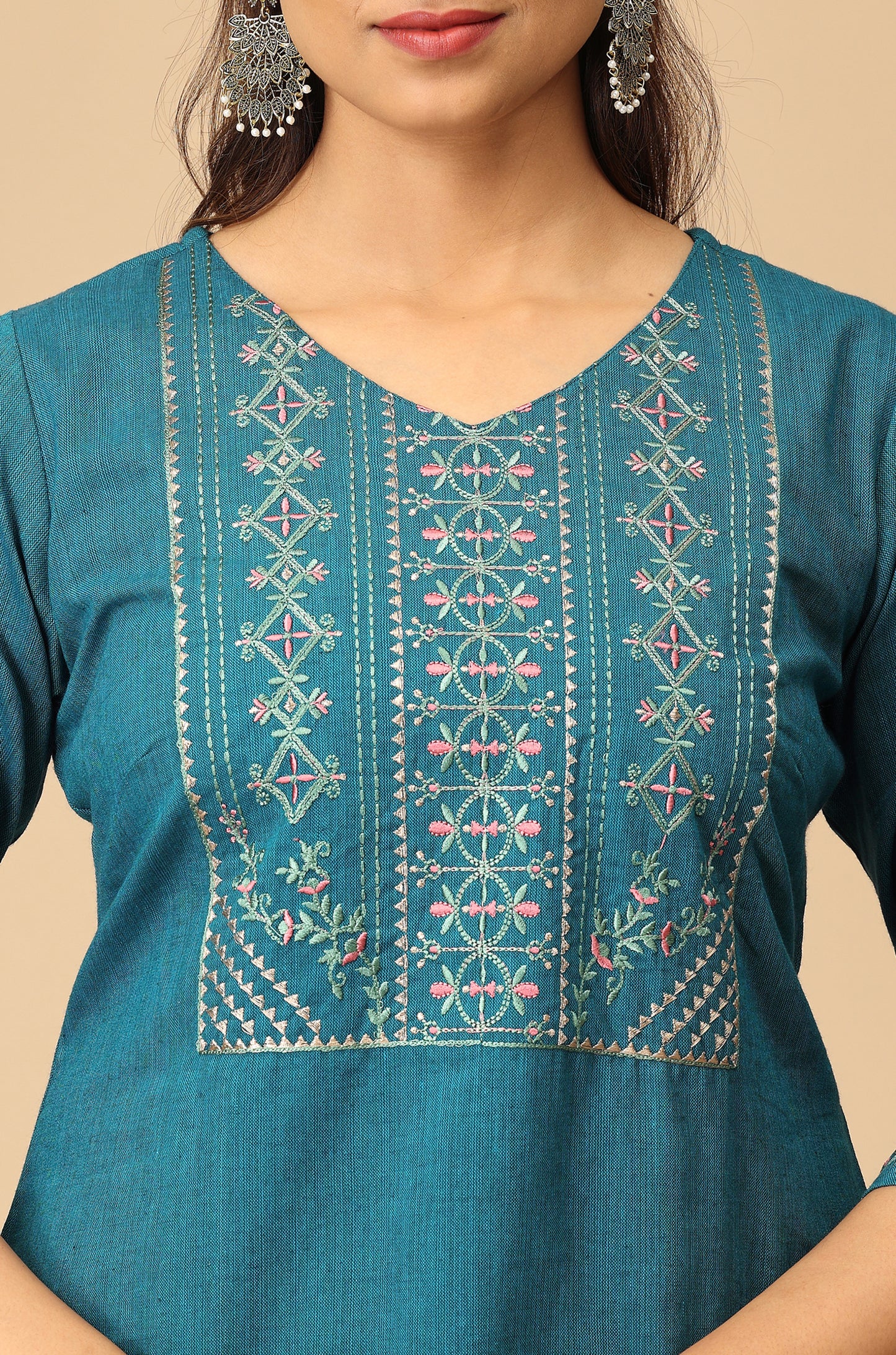 Peacock Blue Khadi Embroidery Kurti