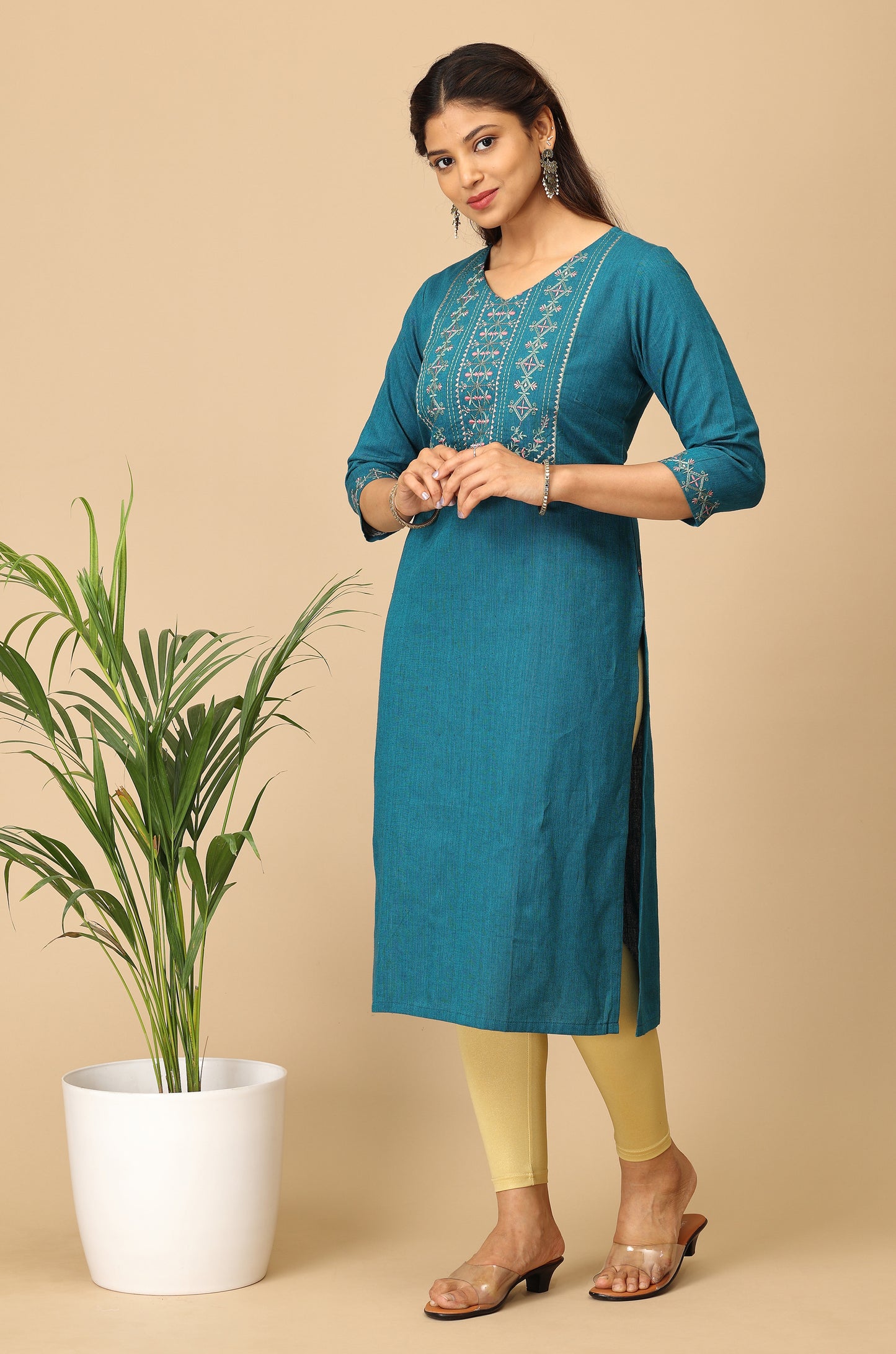 Peacock Blue Khadi Embroidery Kurti