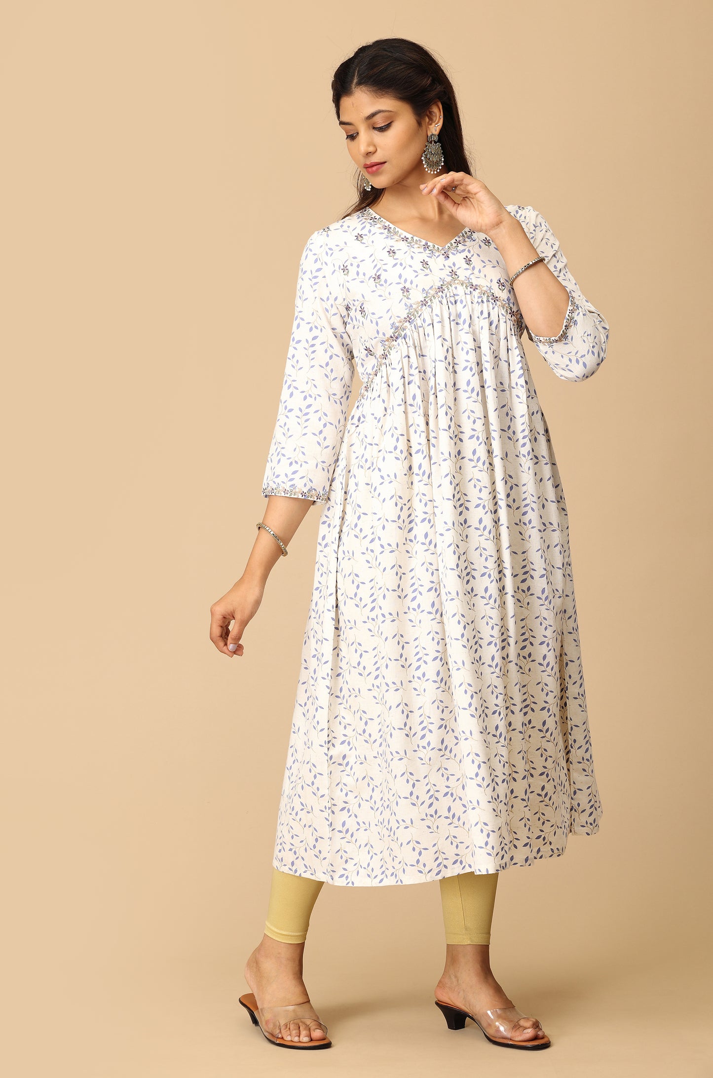Off White Alia Cut Printed & Embroidery Kurti