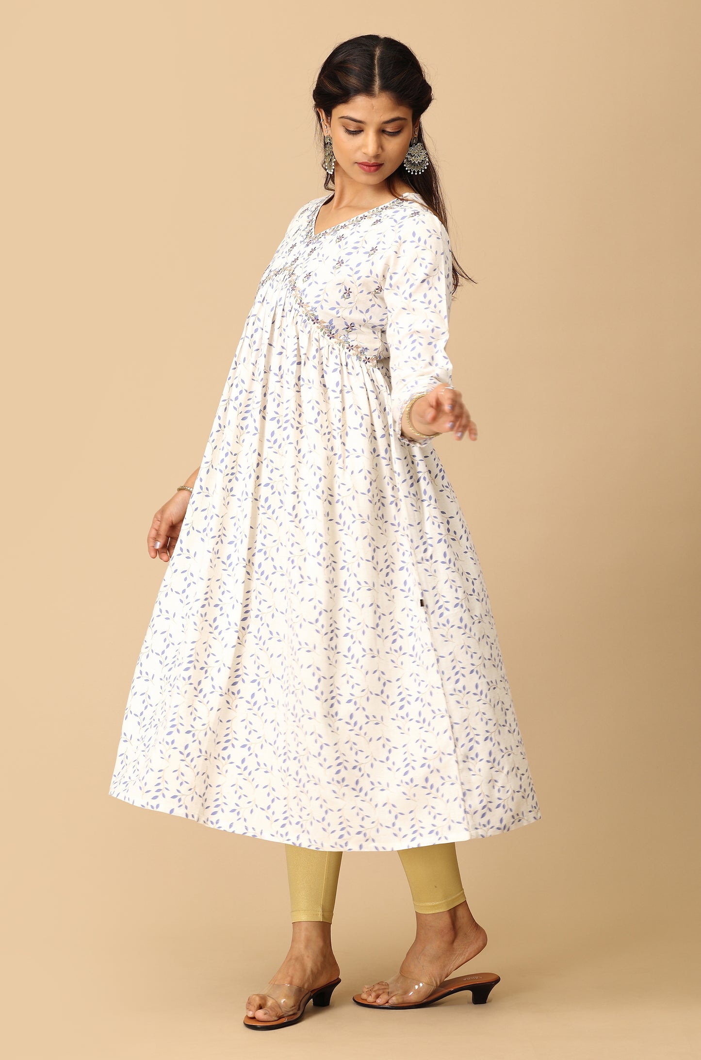 Off White Alia Cut Printed & Embroidery Kurti