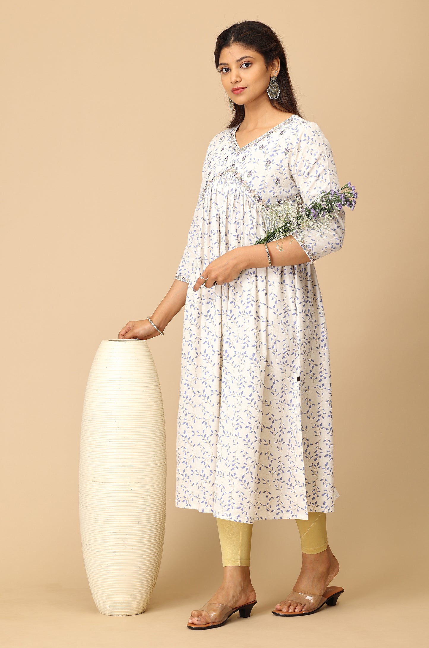 Off White Alia Cut Printed & Embroidery Kurti