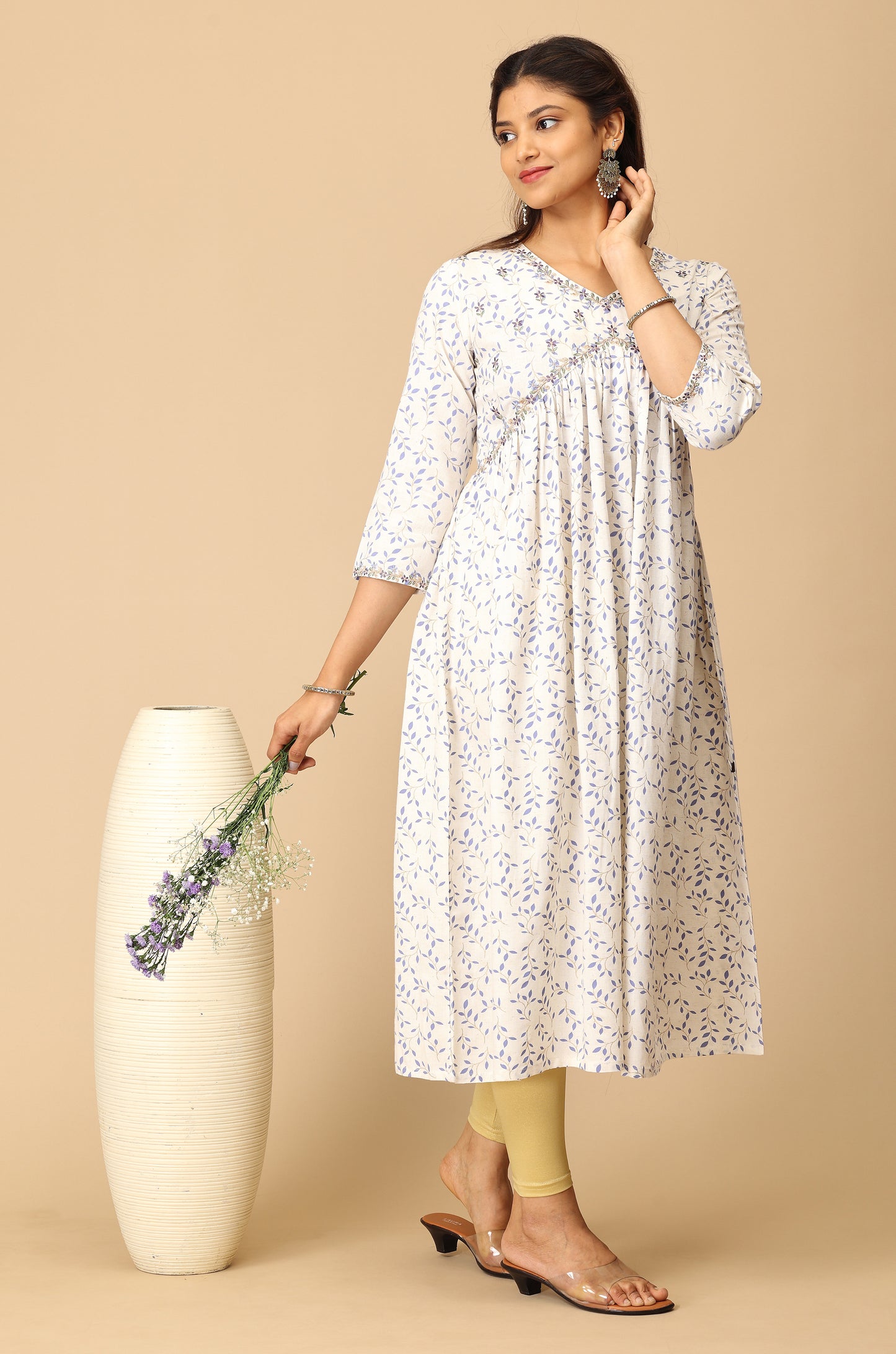 Off White Alia Cut Printed & Embroidery Kurti