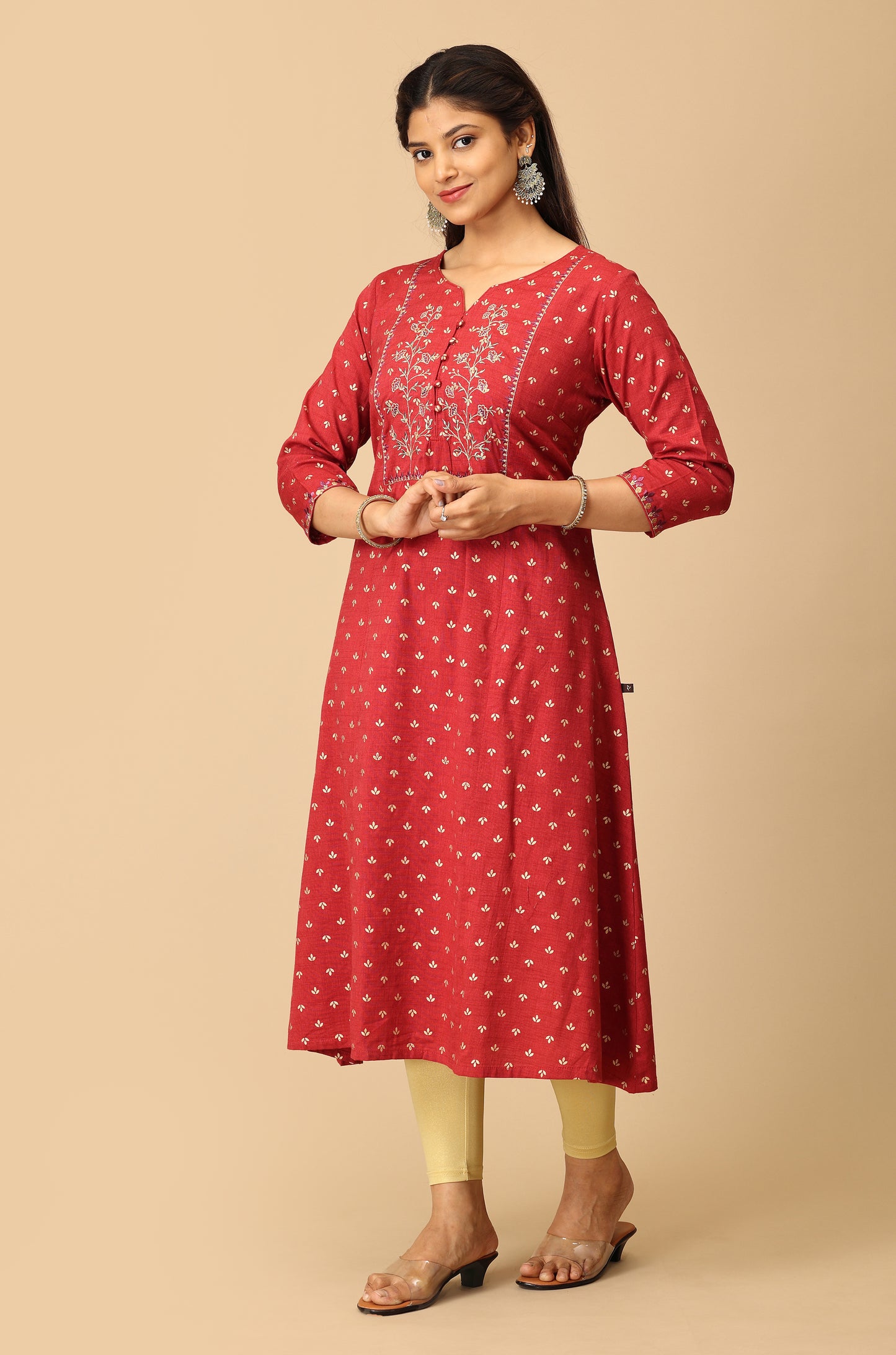 Maroon Rayon Slub Print with Embroidery Kurti