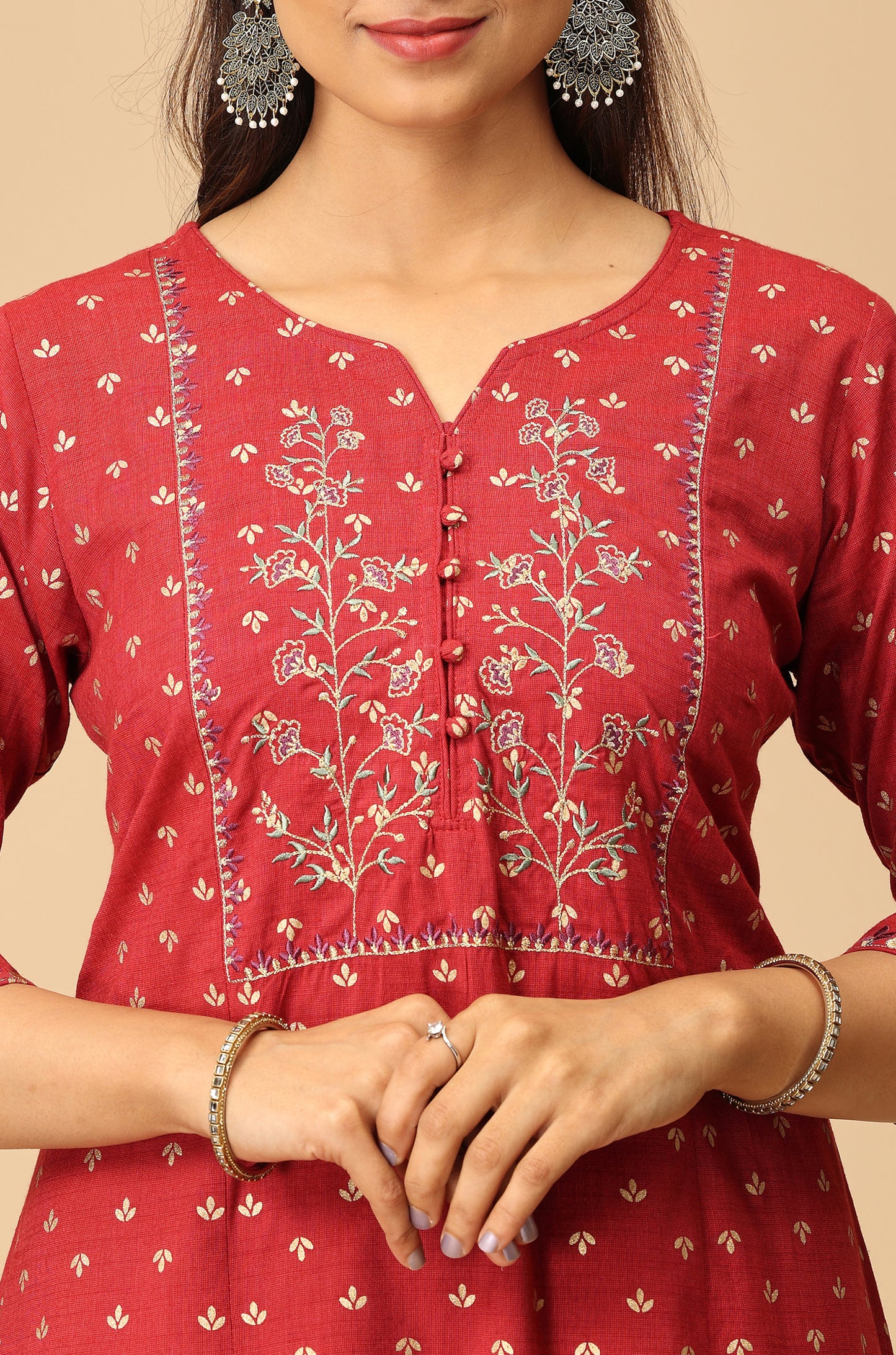 Maroon Rayon Slub Print with Embroidery Kurti