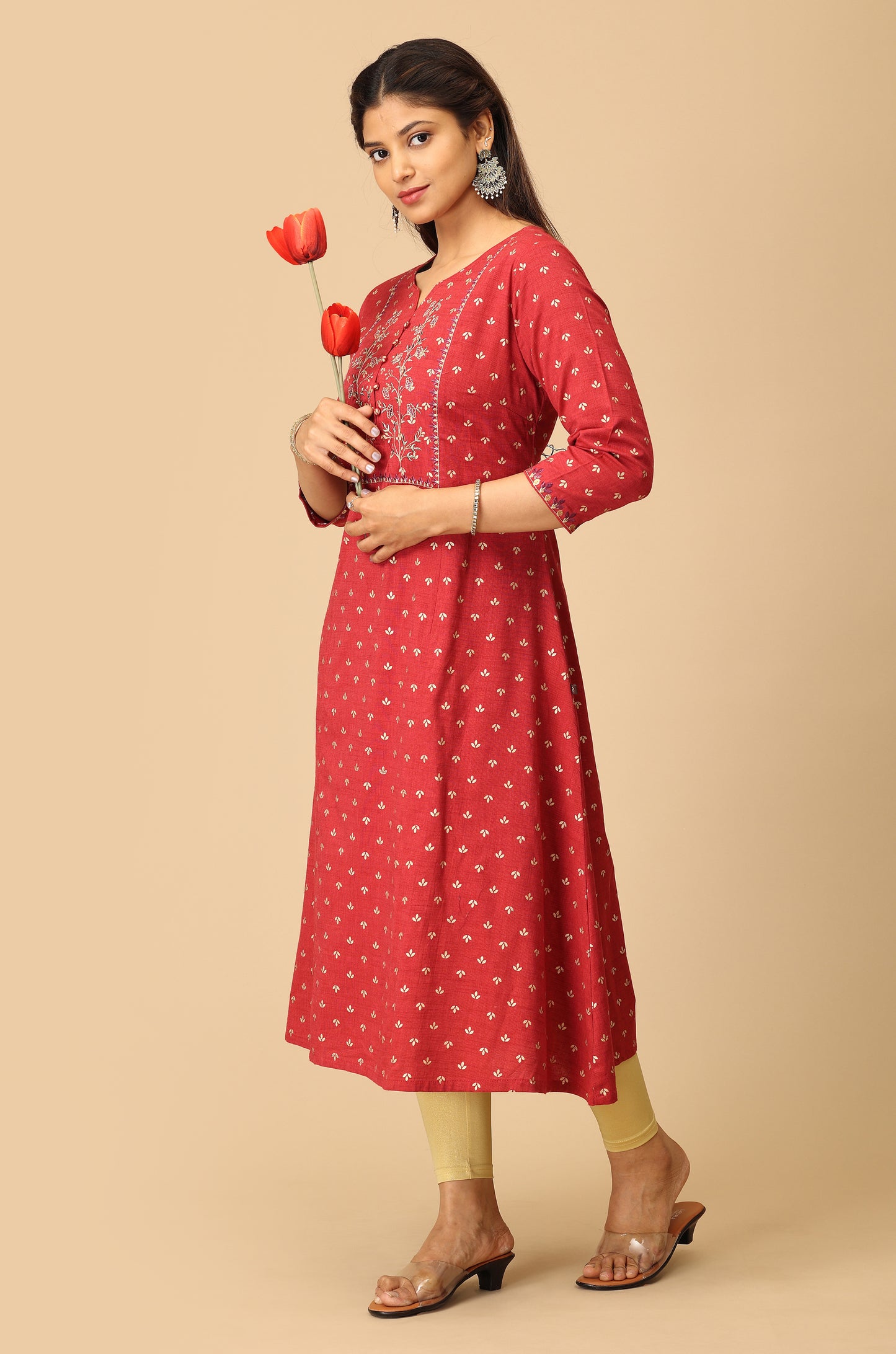 Maroon Rayon Slub Print with Embroidery Kurti
