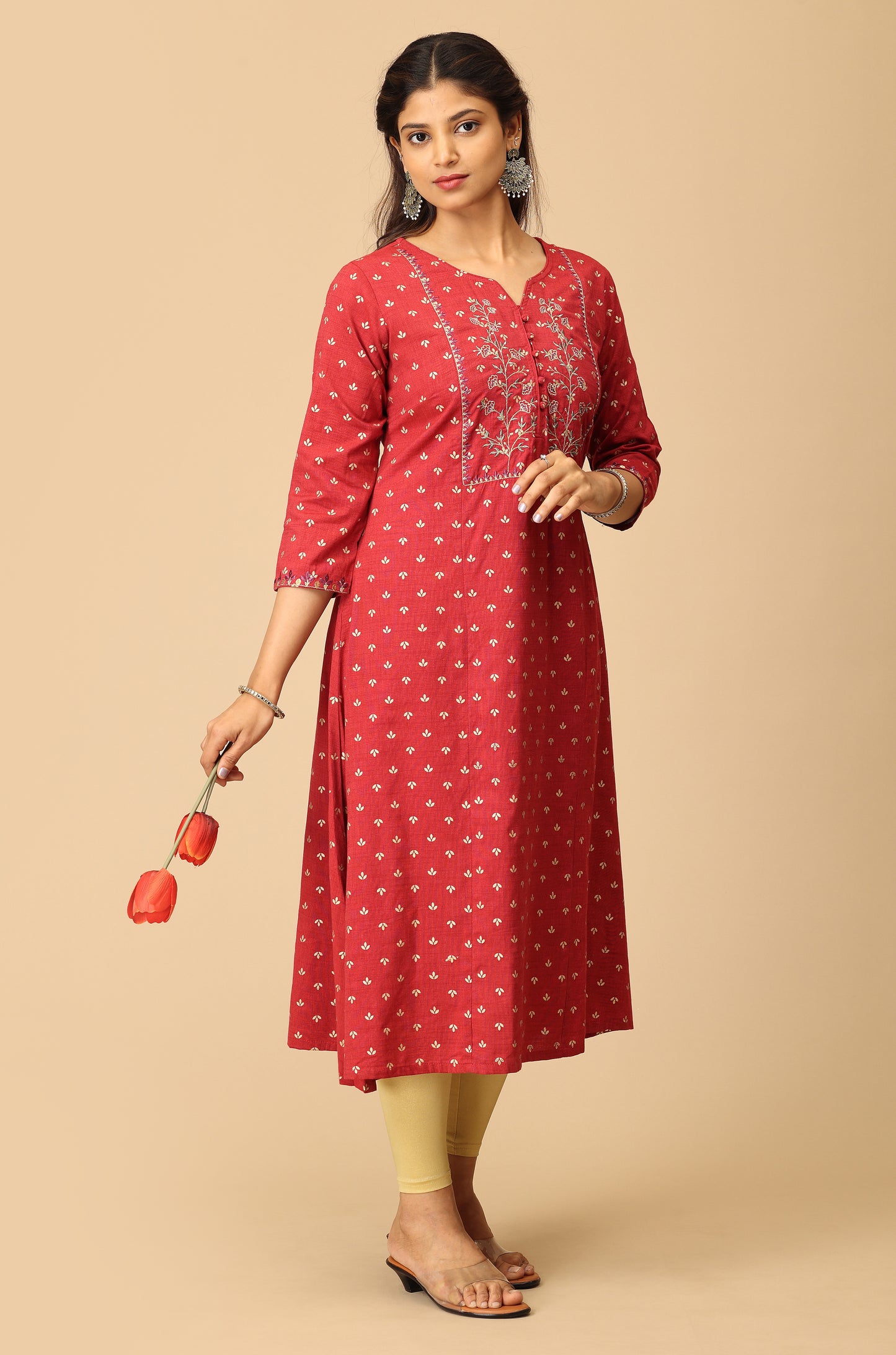 Maroon Rayon Slub Print with Embroidery Kurti