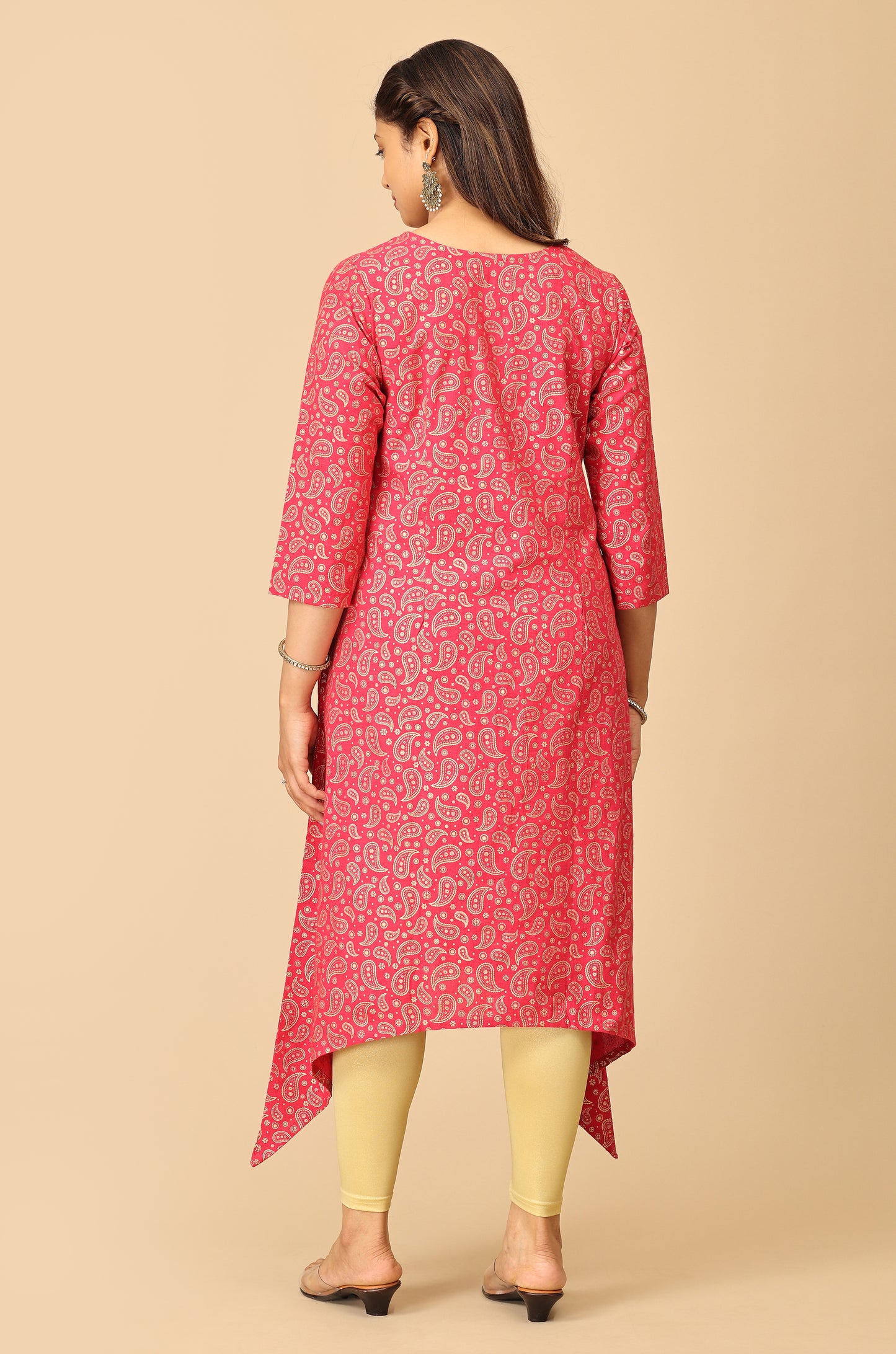 Bright Pink All Over Gold Print A Line Kurti