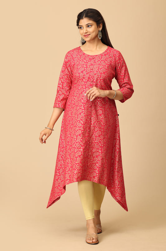 Bright Pink All Over Gold Print A Line Kurti