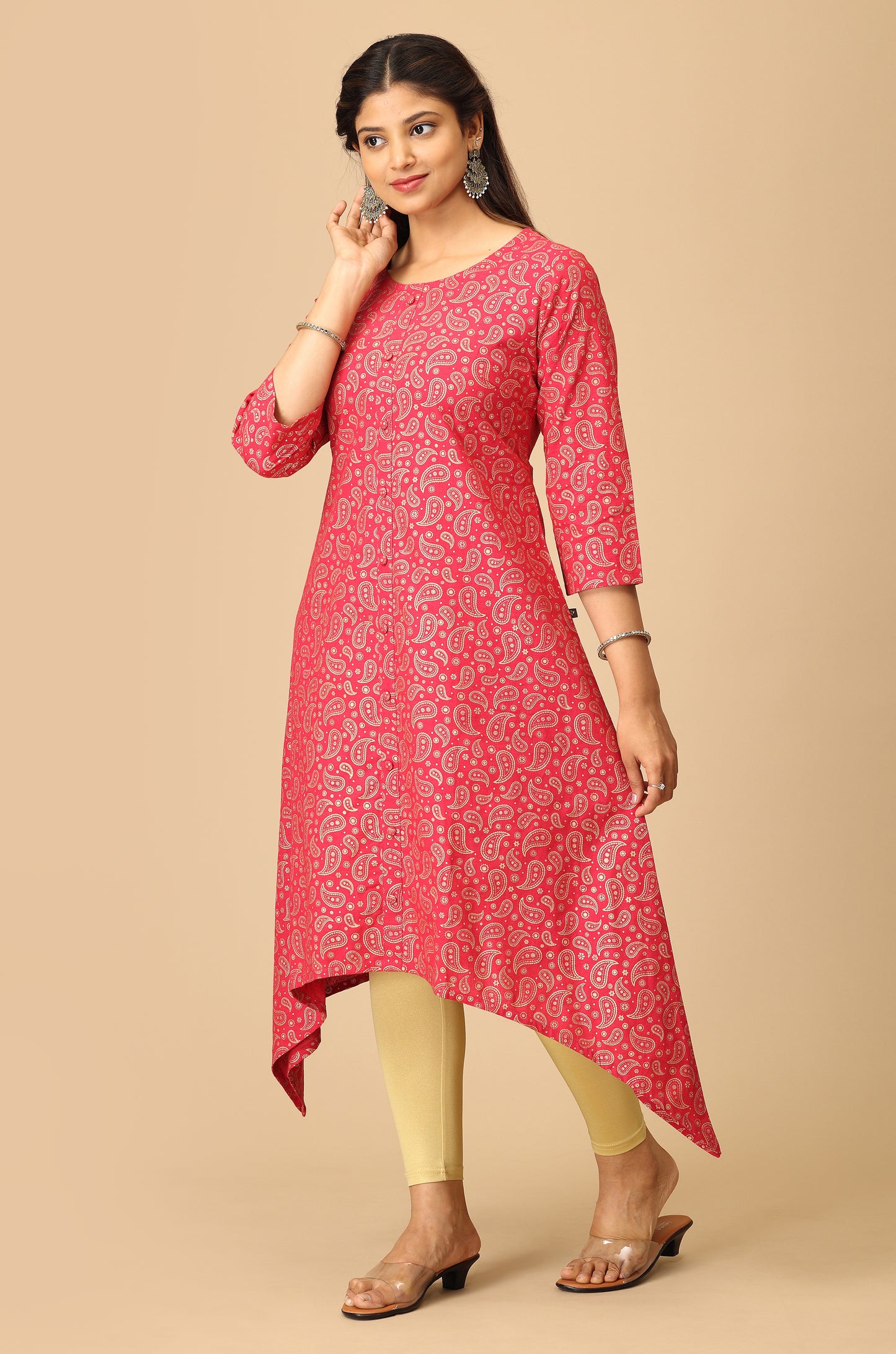 Bright Pink All Over Gold Print A Line Kurti