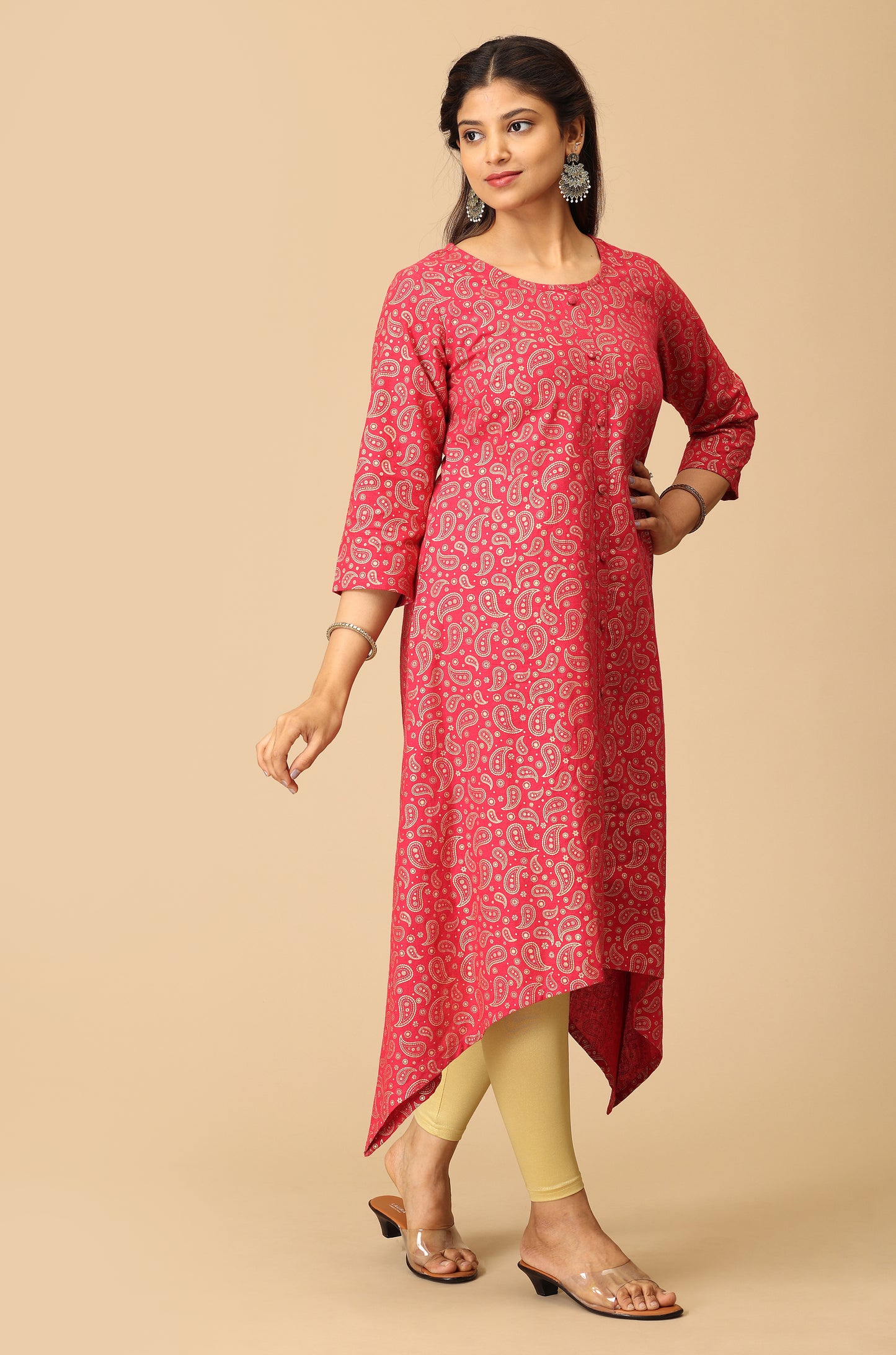Bright Pink All Over Gold Print A Line Kurti