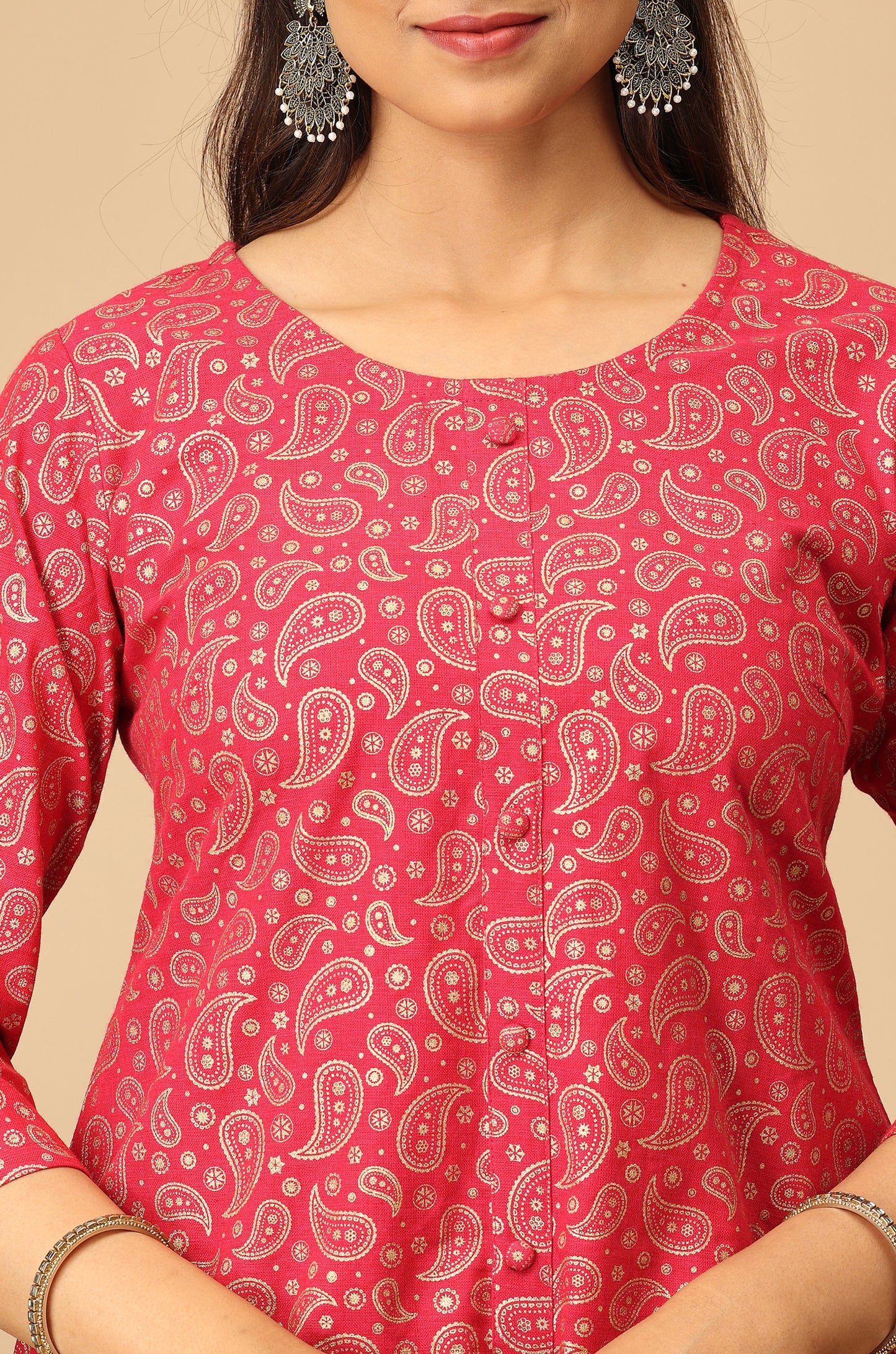 Bright Pink All Over Gold Print A Line Kurti