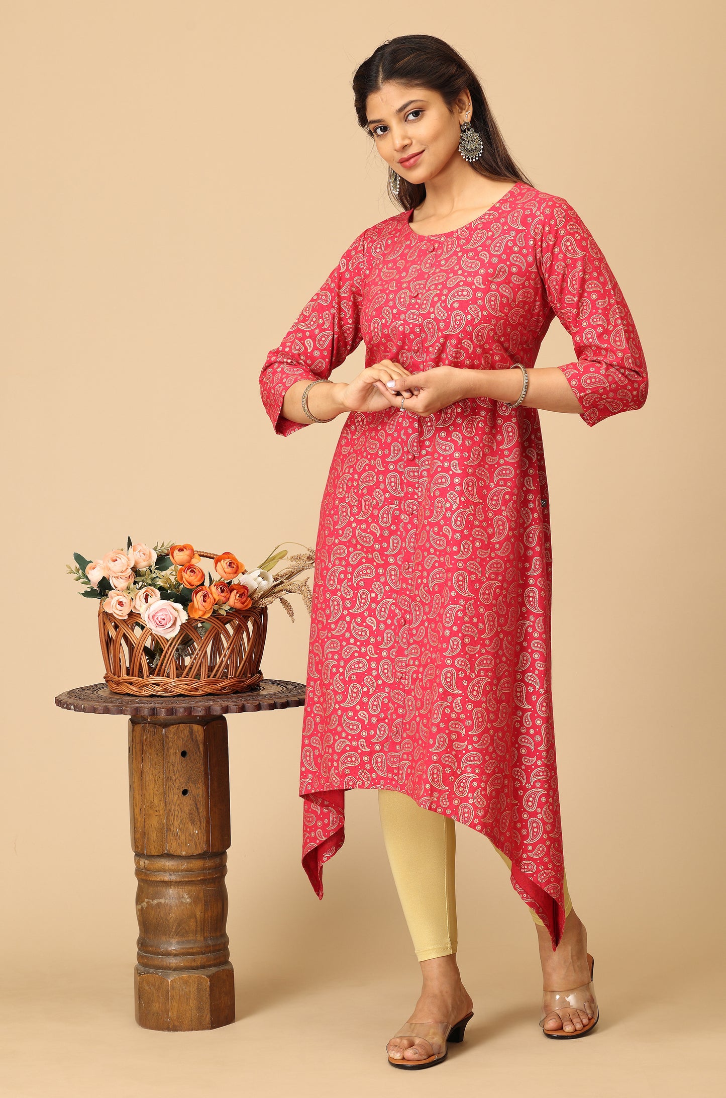 Bright Pink All Over Gold Print A Line Kurti