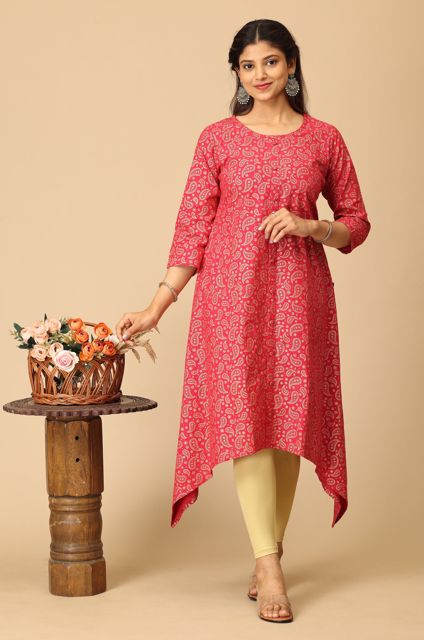 Bright Pink All Over Gold Print A Line Kurti