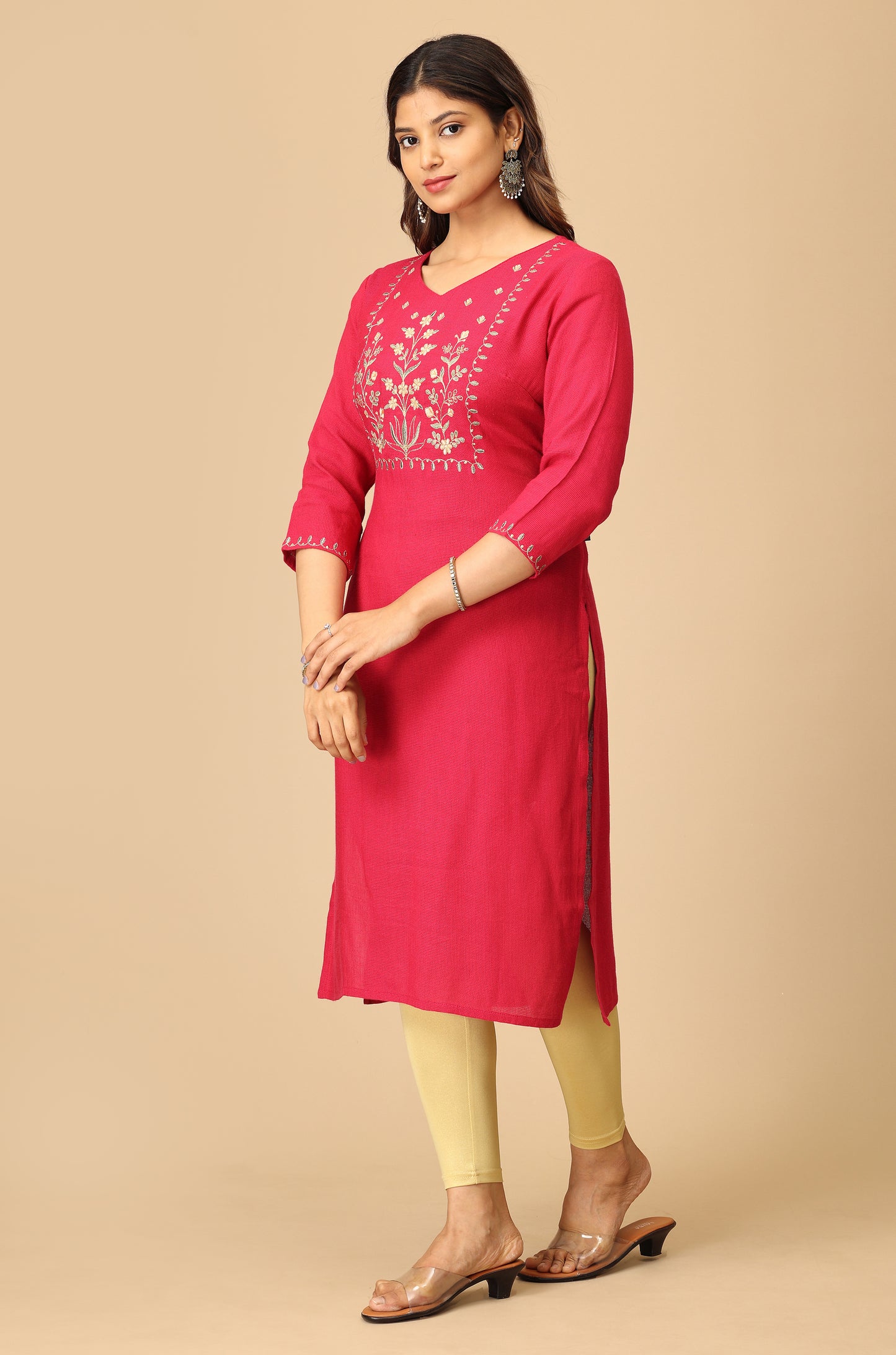 Bright Pink Blue Matty Embroidery Kurti
