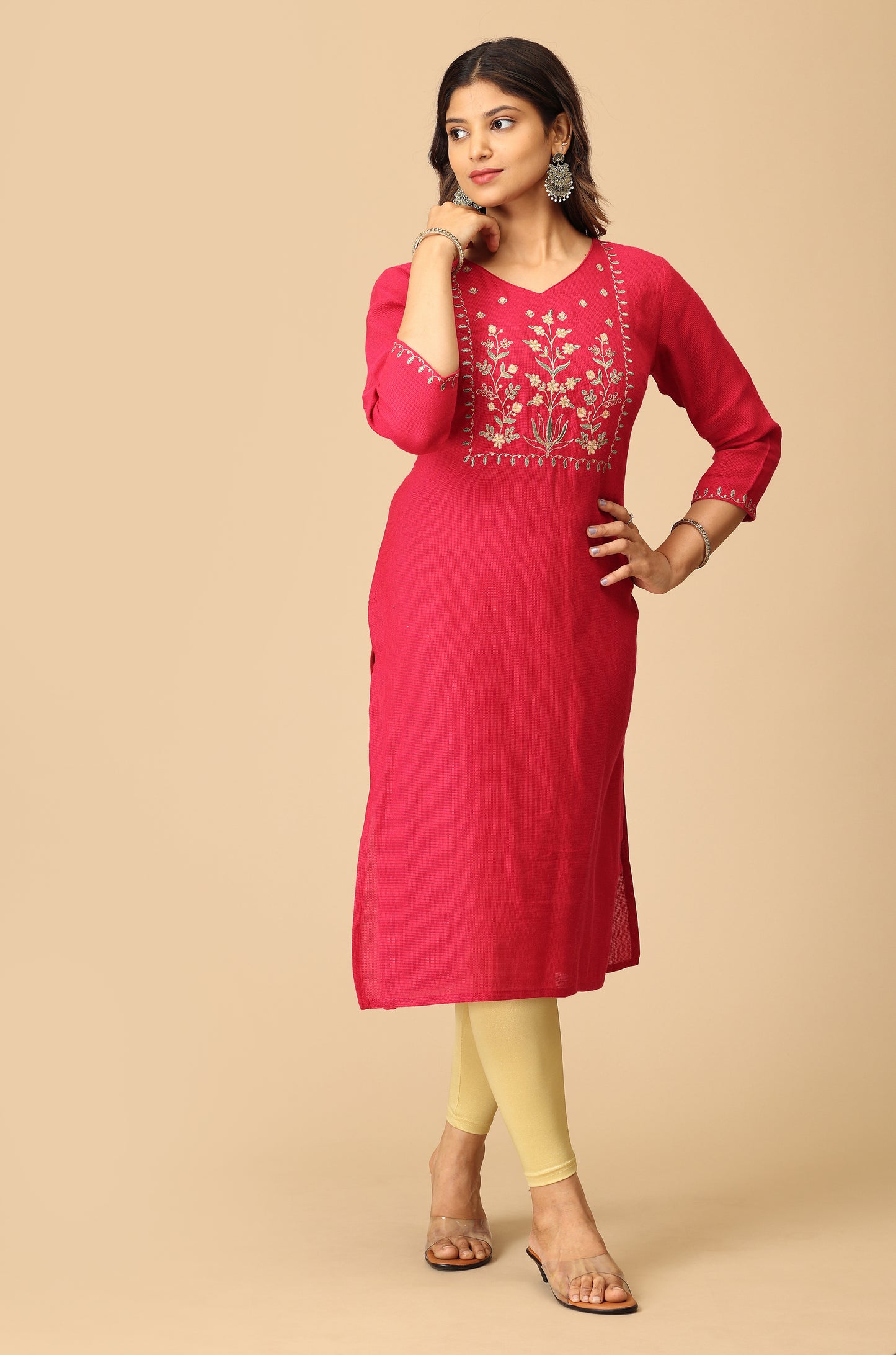Bright Pink Blue Matty Embroidery Kurti