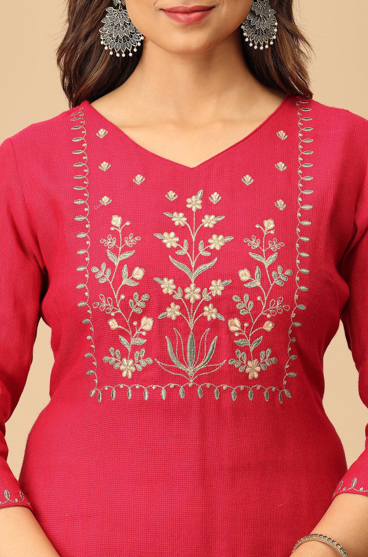 Bright Pink Blue Matty Embroidery Kurti