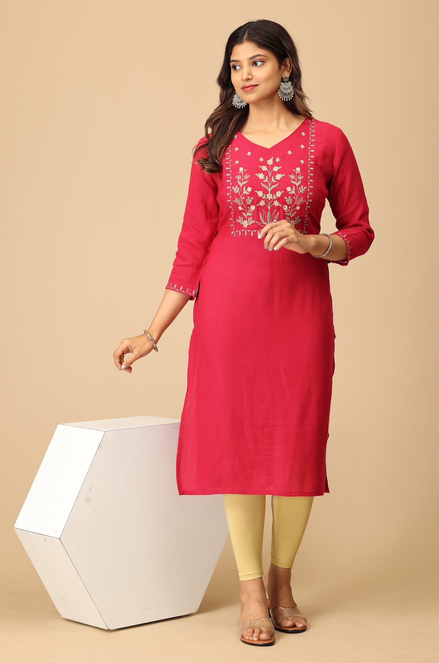 Bright Pink Blue Matty Embroidery Kurti
