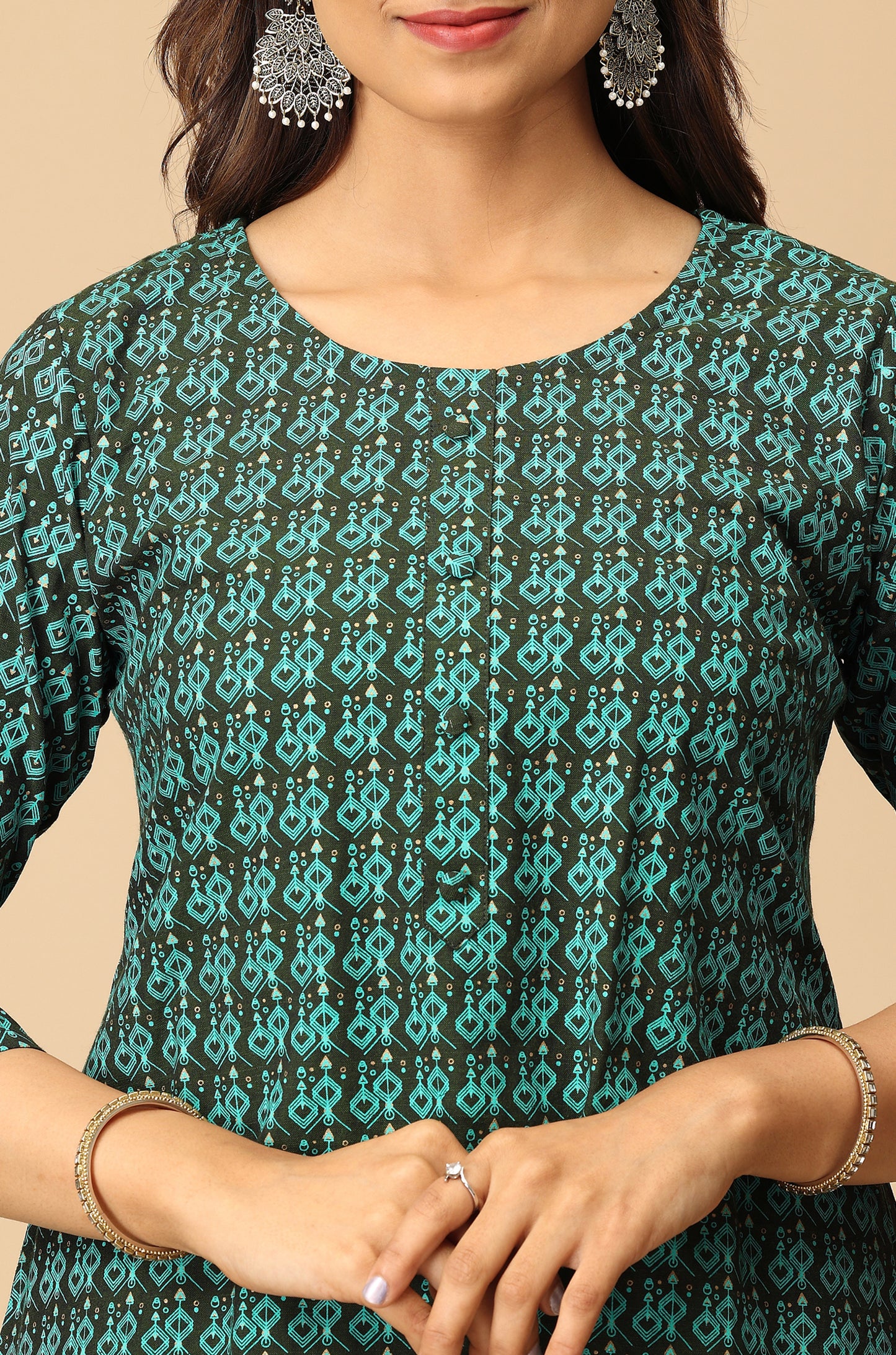 Printed Bottle Green Rayon Slub Kurti