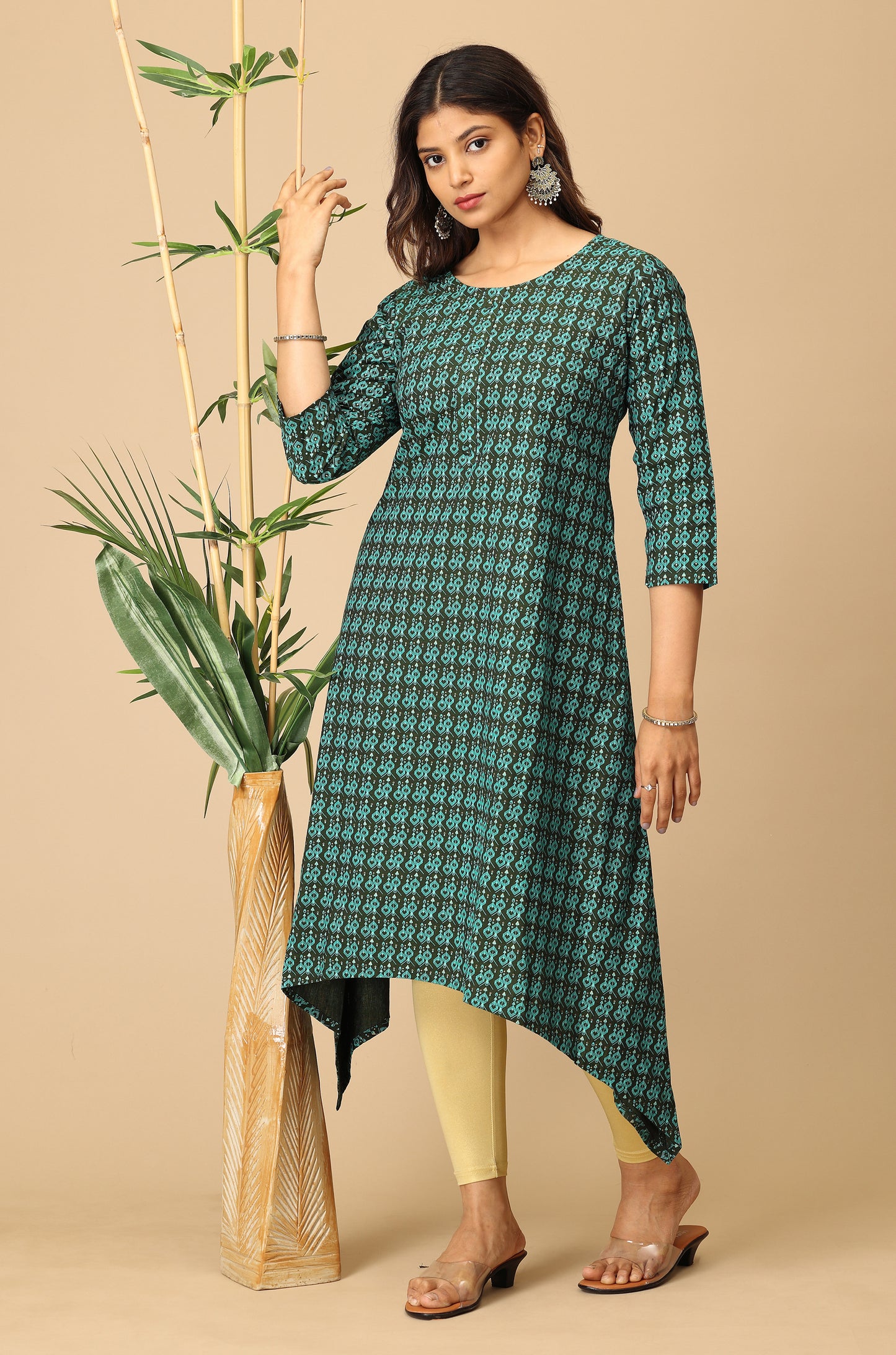 Printed Bottle Green Rayon Slub Kurti