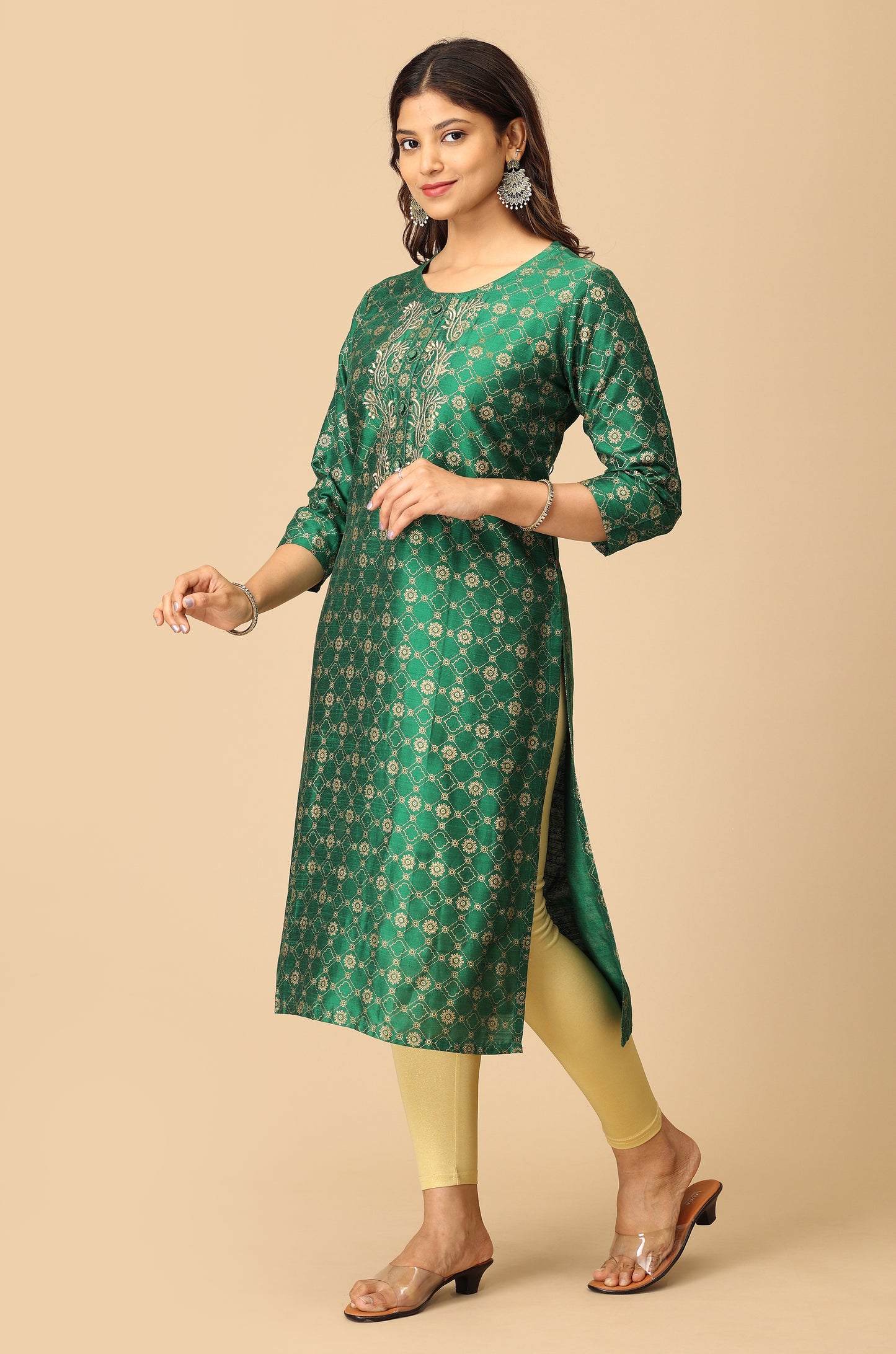 Green Gold Print with Zari Embroidery Kurti