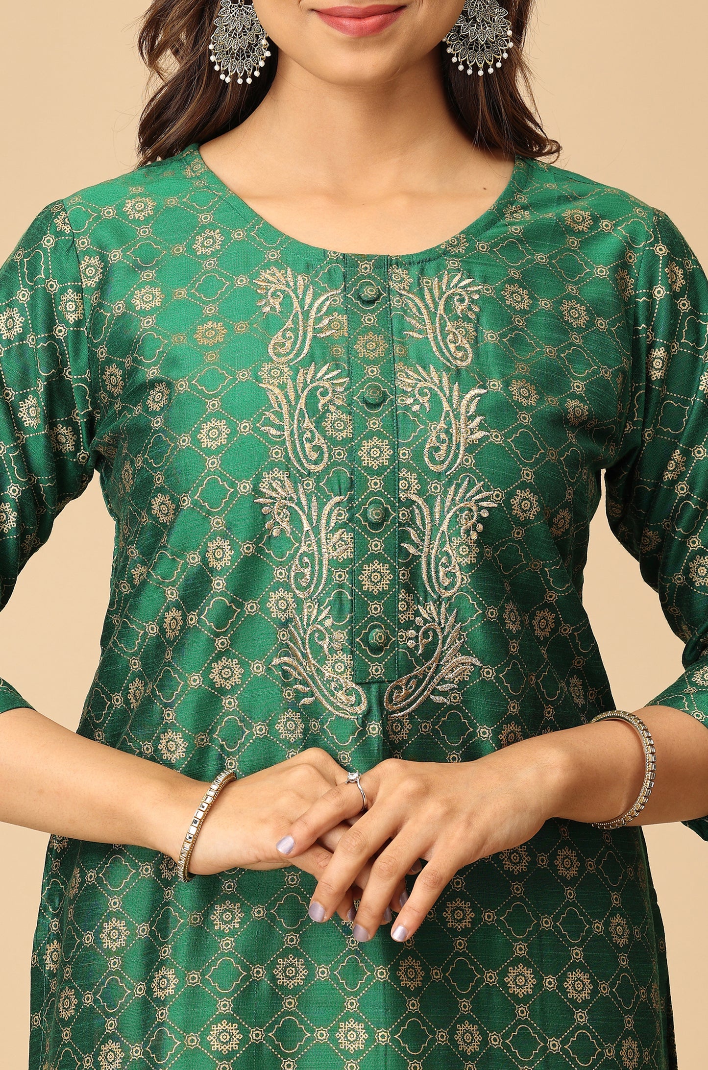 Green Gold Print with Zari Embroidery Kurti