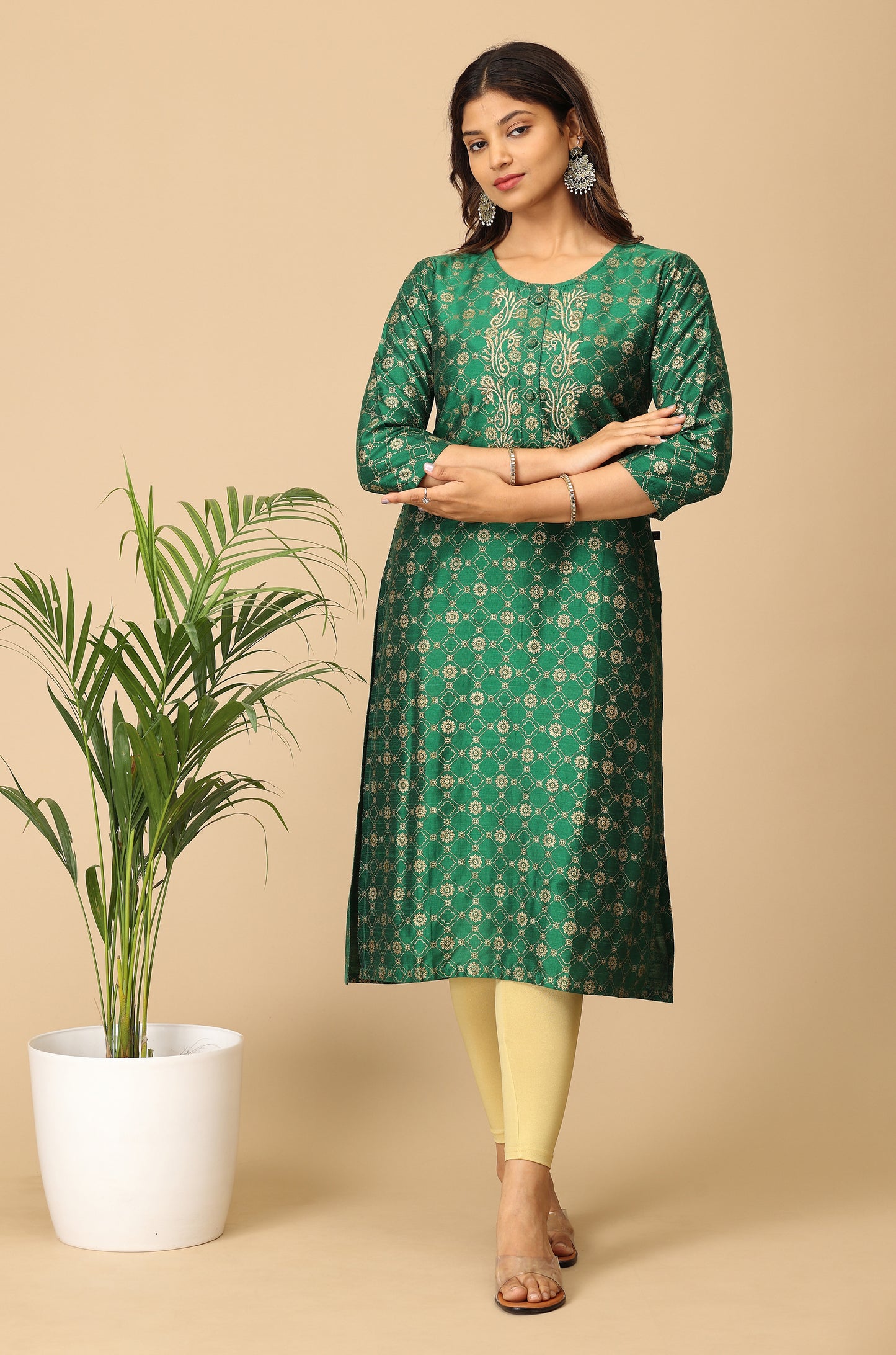Green Gold Print with Zari Embroidery Kurti