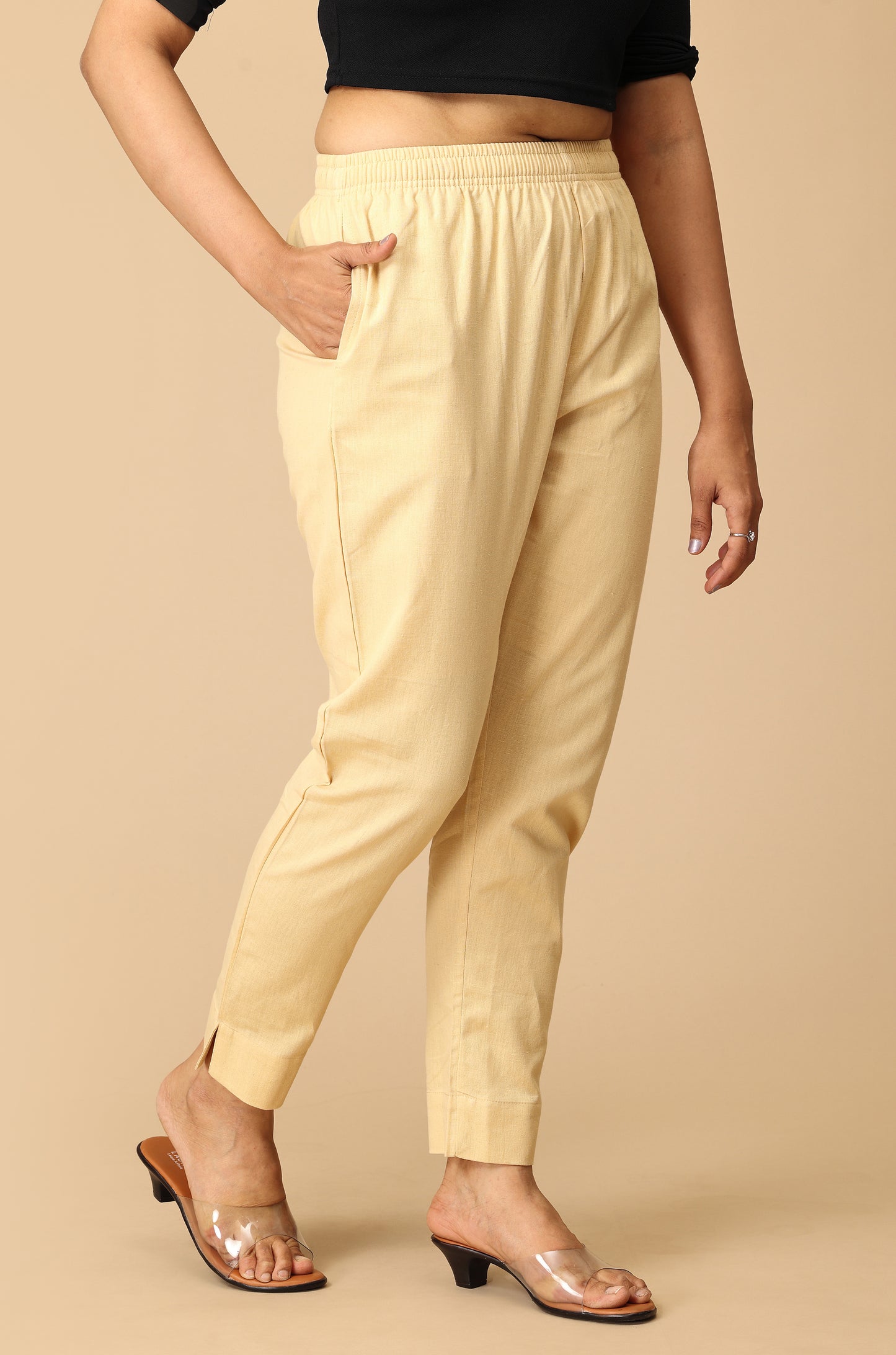 Beige Cotton Trouser Fit with Drawstring Cigarette Pant