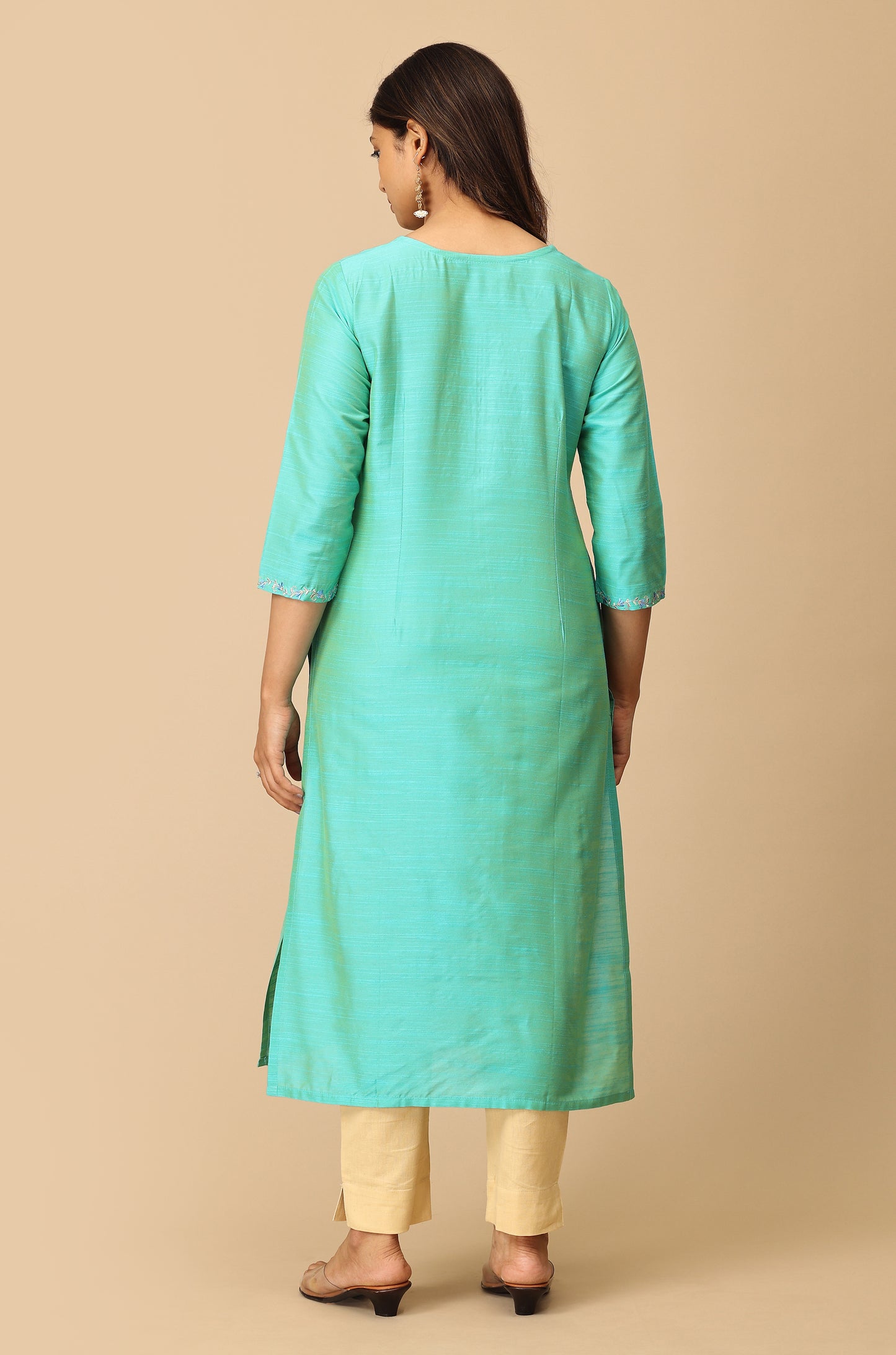 Sea Green Slub Silk Embroidery Kurti