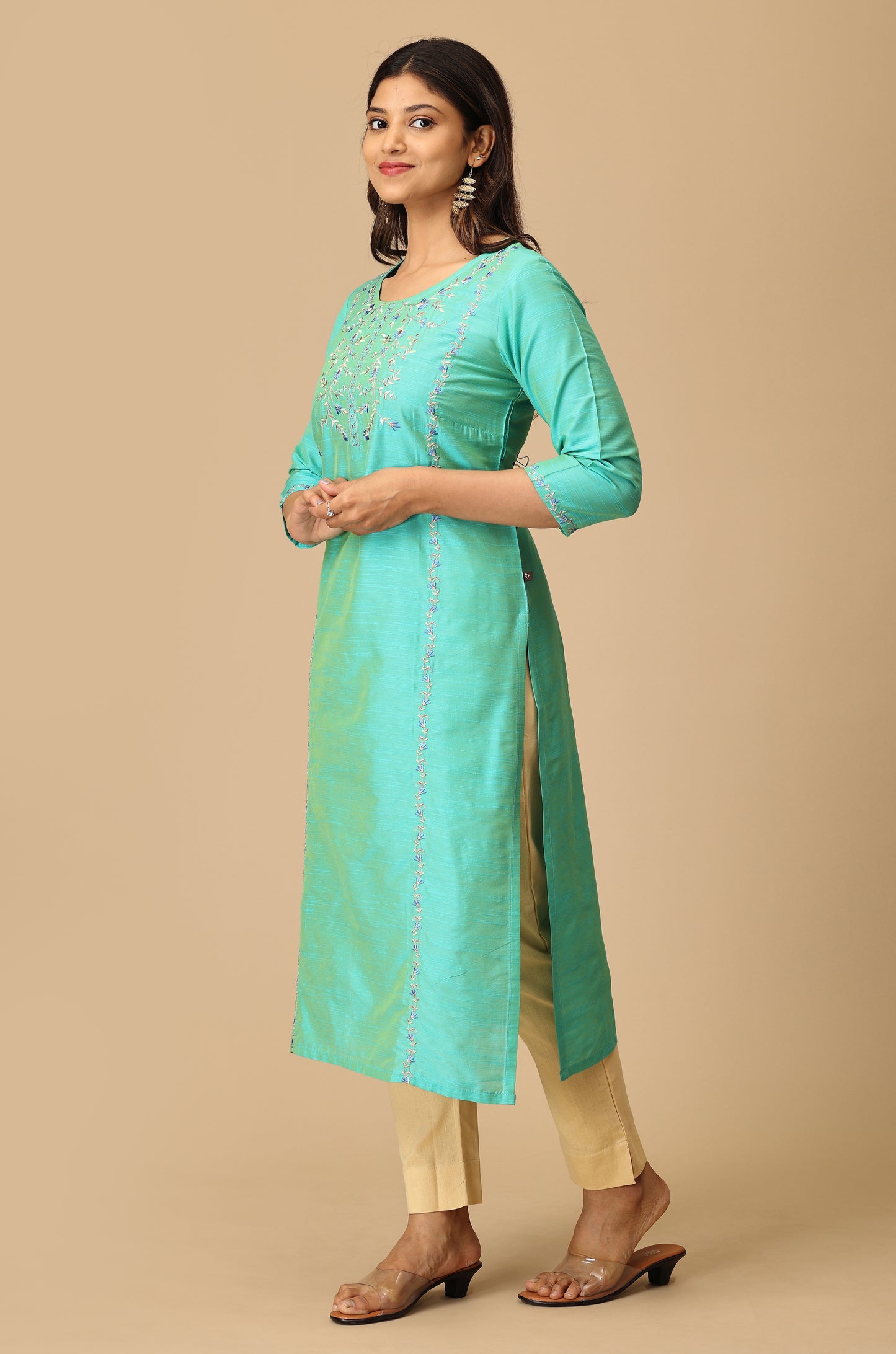 Sea Green Slub Silk Embroidery Kurti