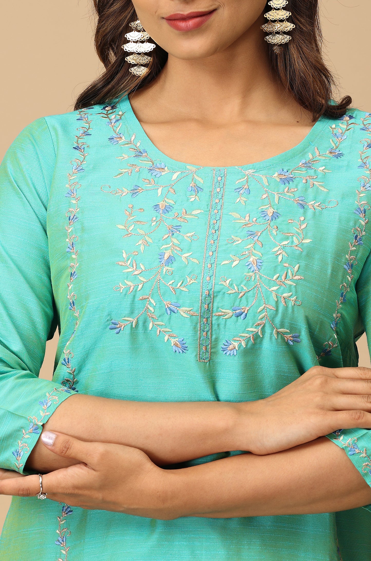 Sea Green Slub Silk Embroidery Kurti