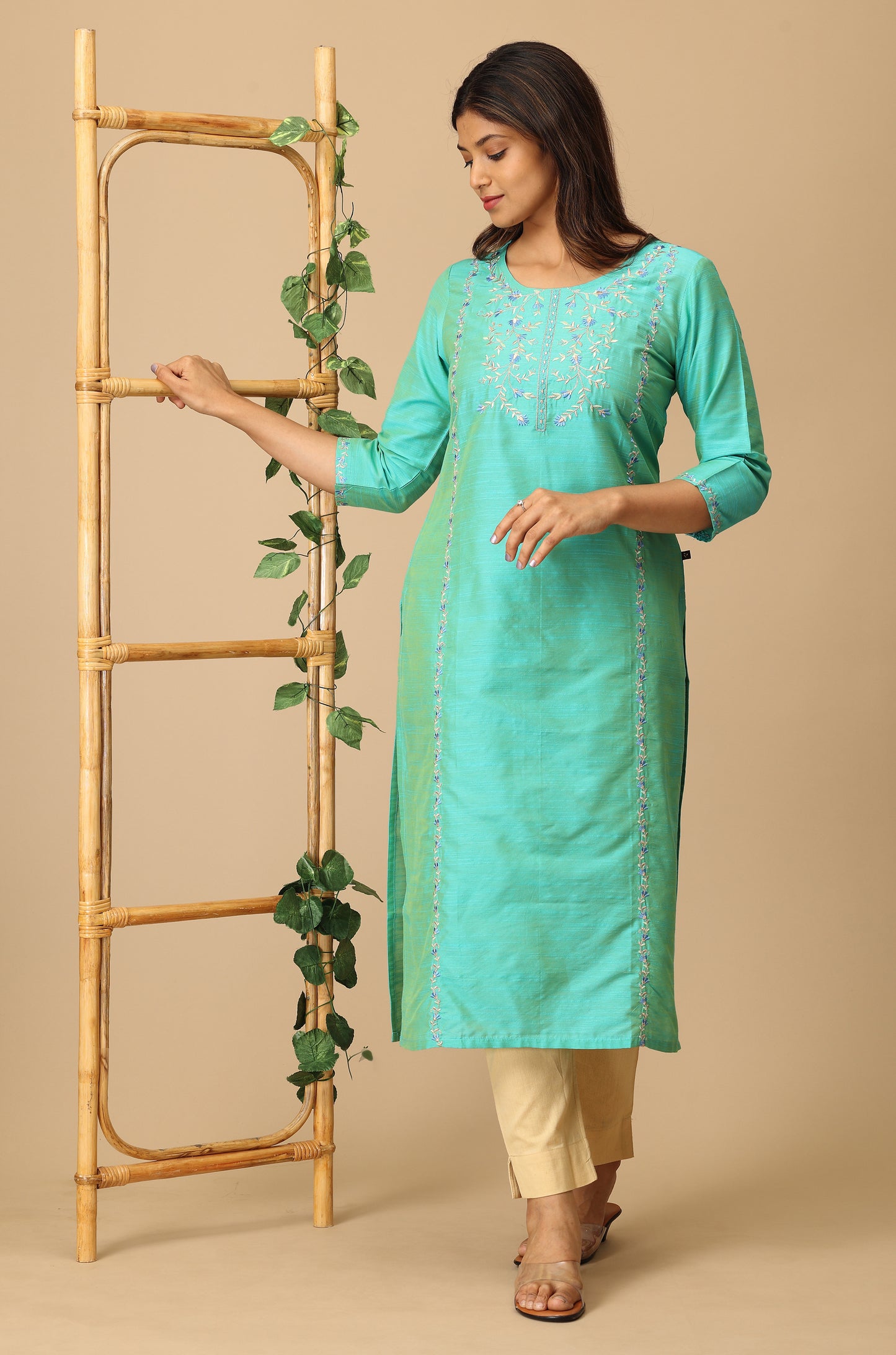Sea Green Slub Silk Embroidery Kurti