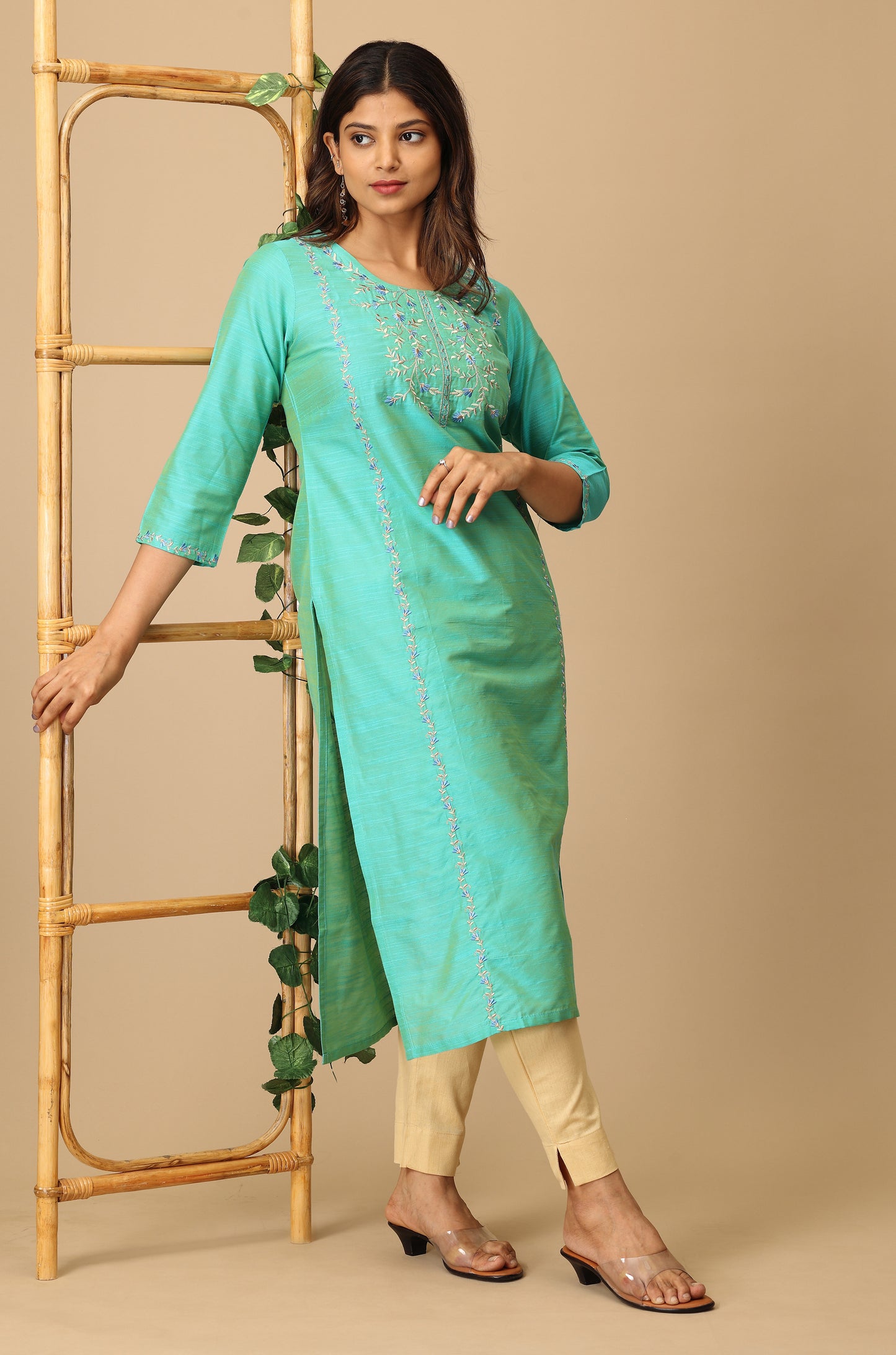 Sea Green Slub Silk Embroidery Kurti