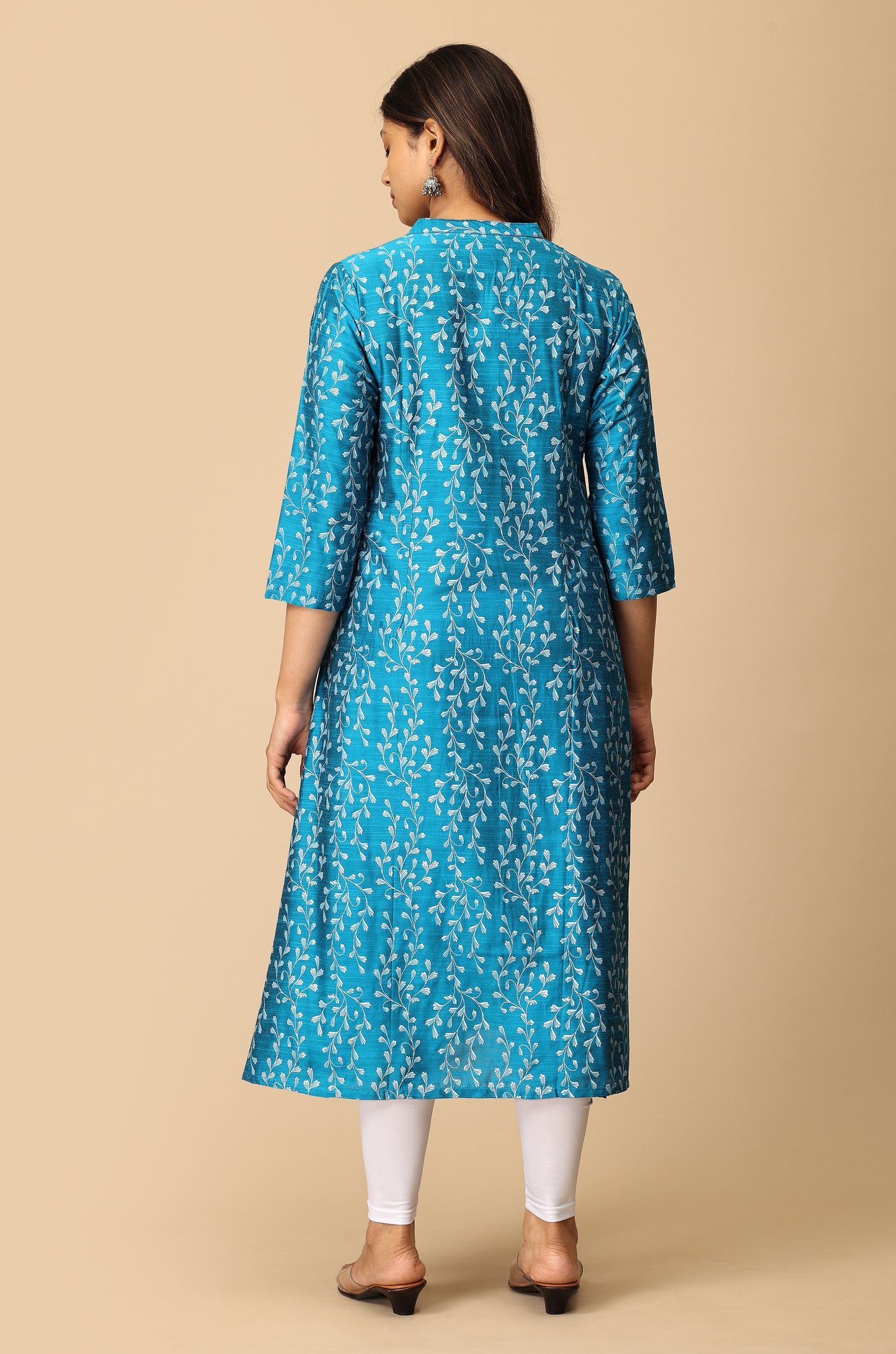 Steel Blue Slub Silk Printed Kurti