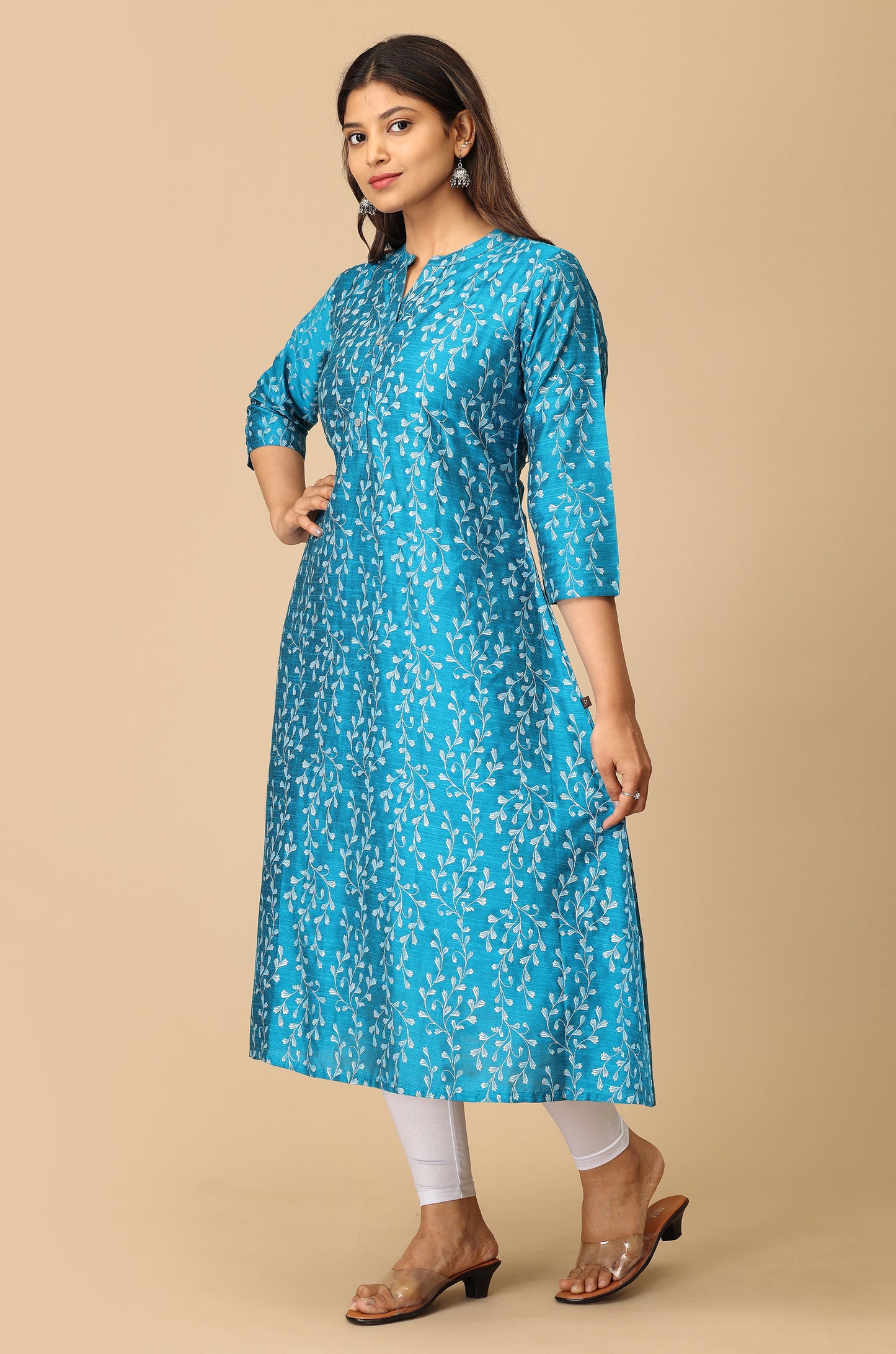 Steel Blue Slub Silk Printed Kurti