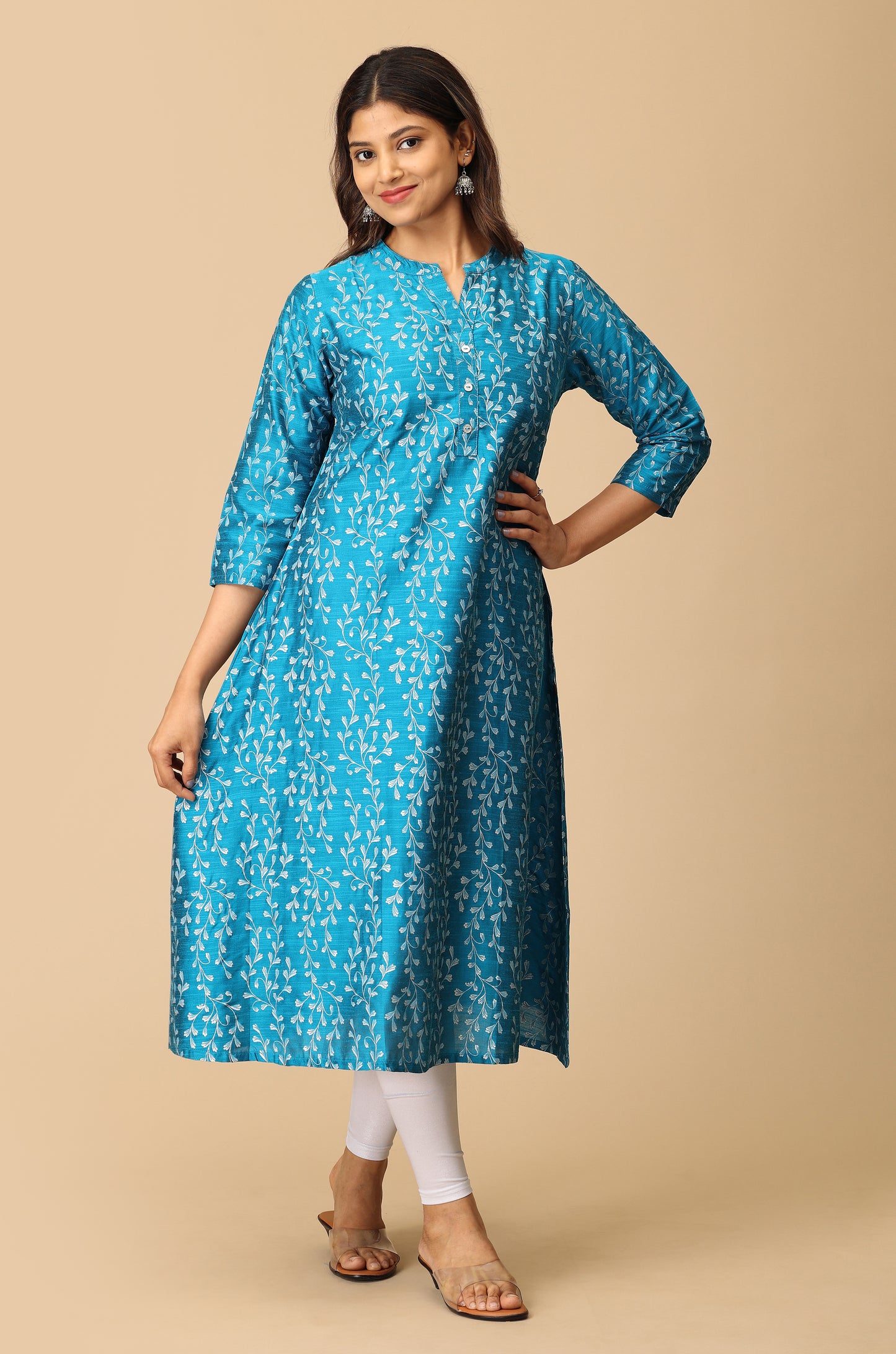 Steel Blue Slub Silk Printed Kurti
