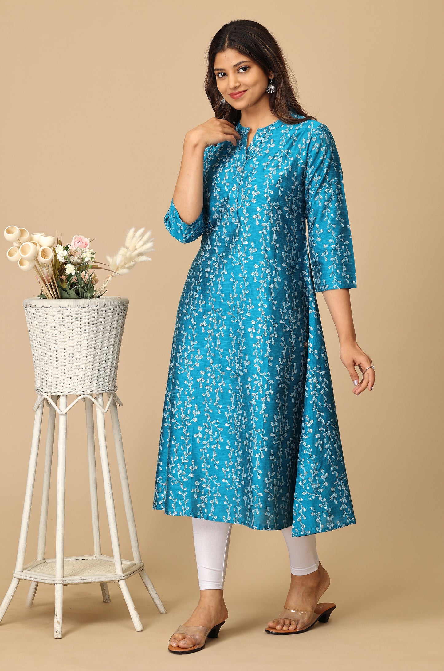 Steel Blue Slub Silk Printed Kurti