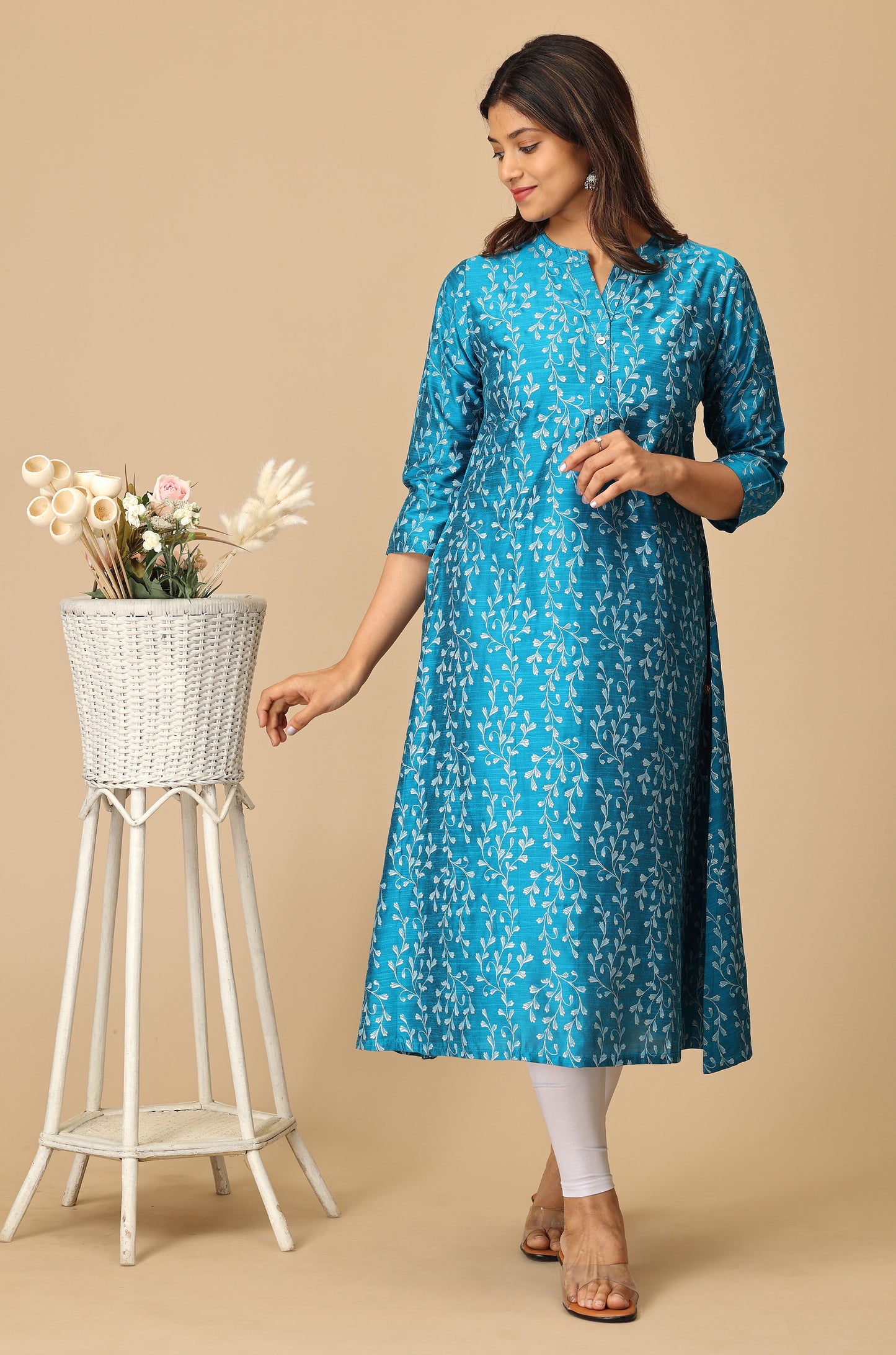 Steel Blue Slub Silk Printed Kurti