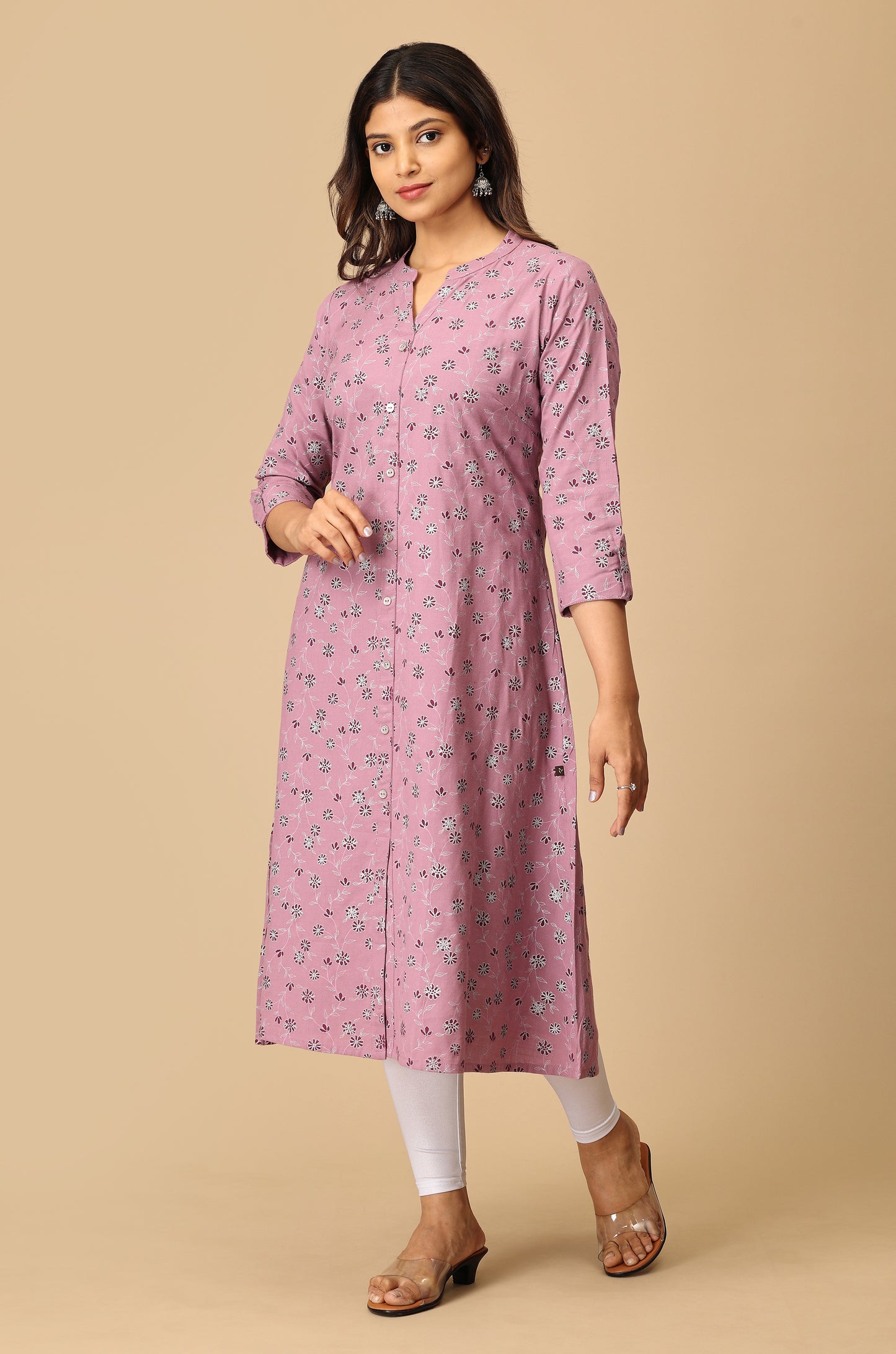 Mauve Rayon Slub Printed A-Line Kurti