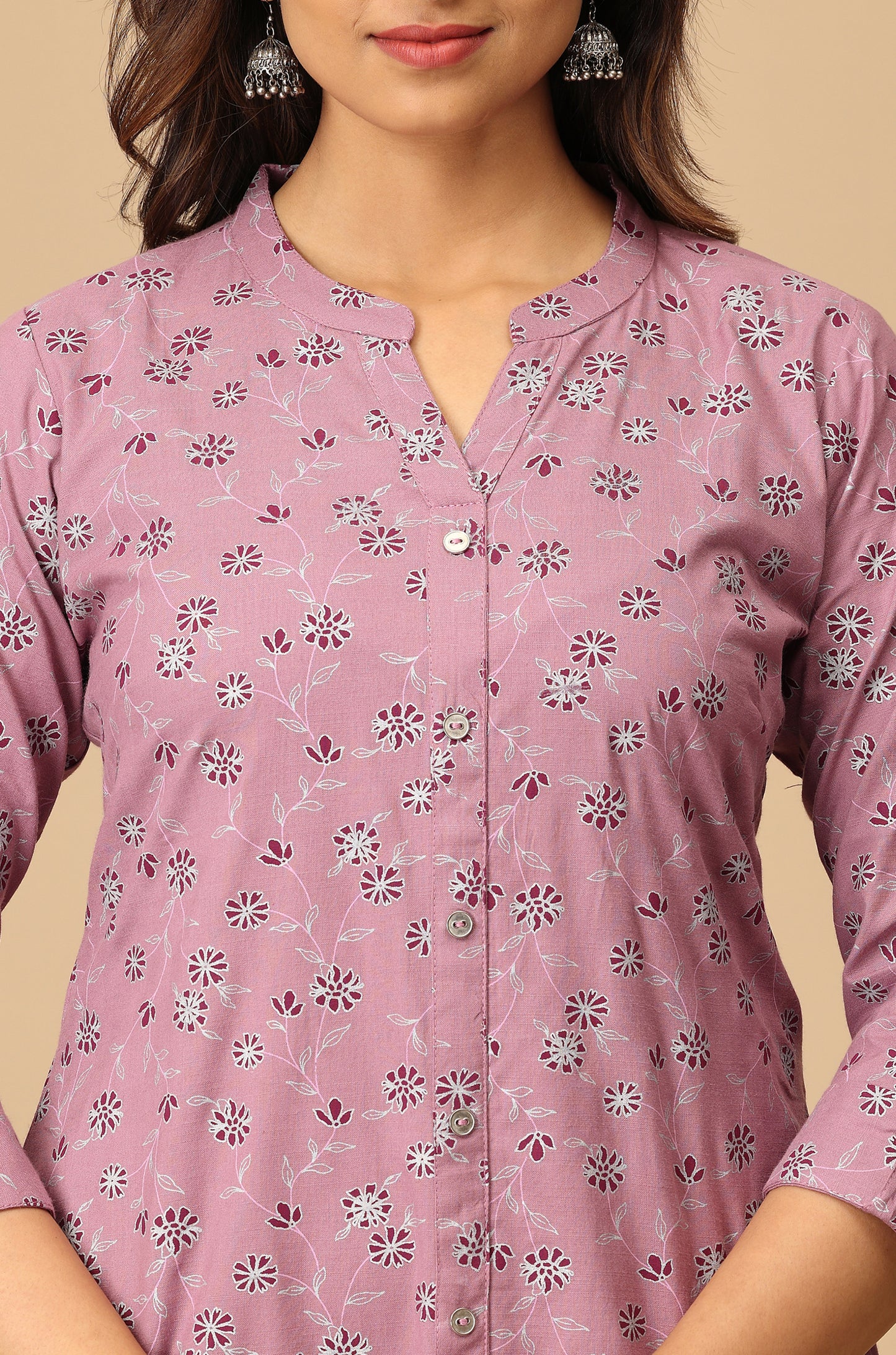 Mauve Rayon Slub Printed A-Line Kurti