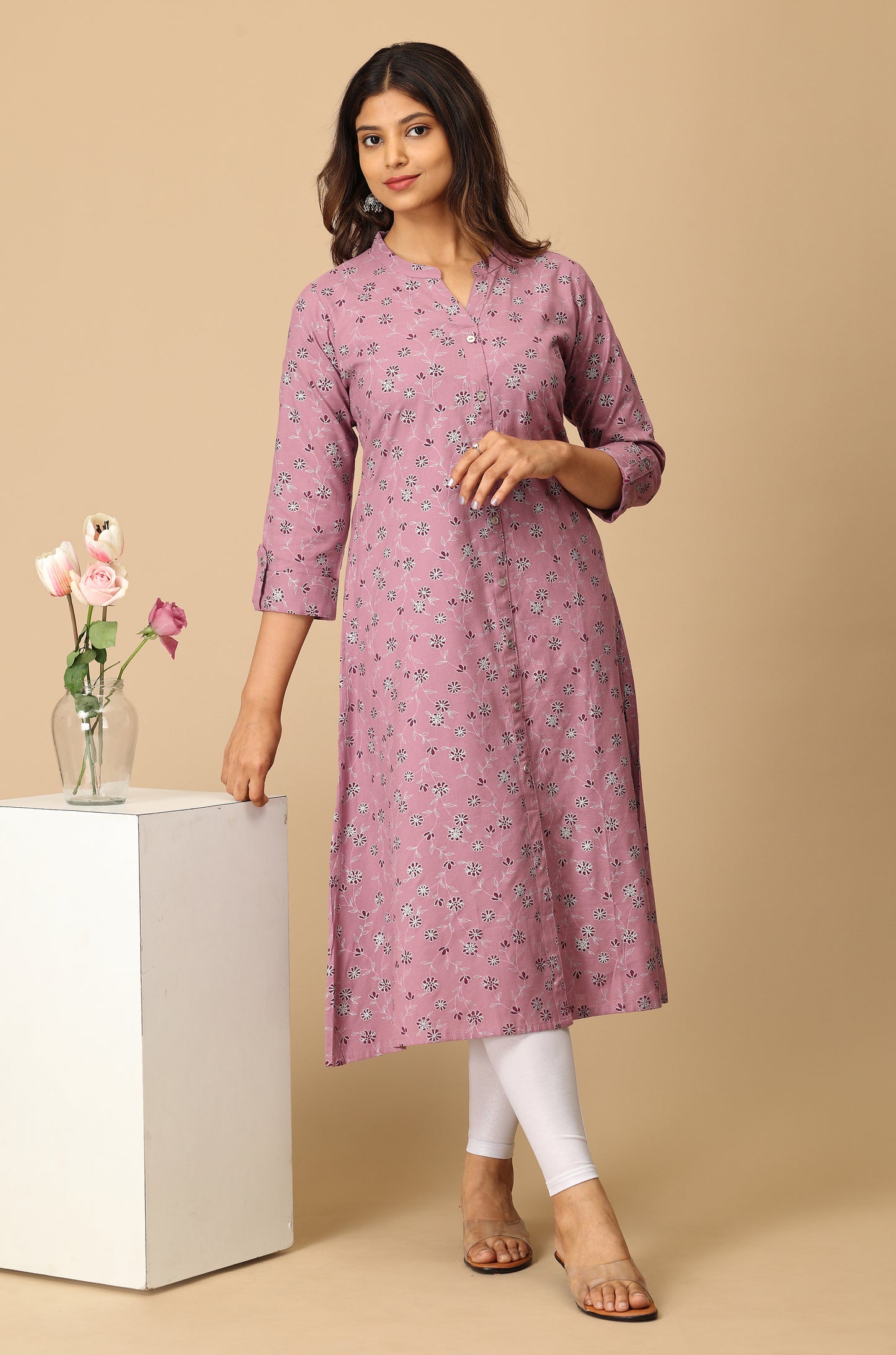 Mauve Rayon Slub Printed A-Line Kurti