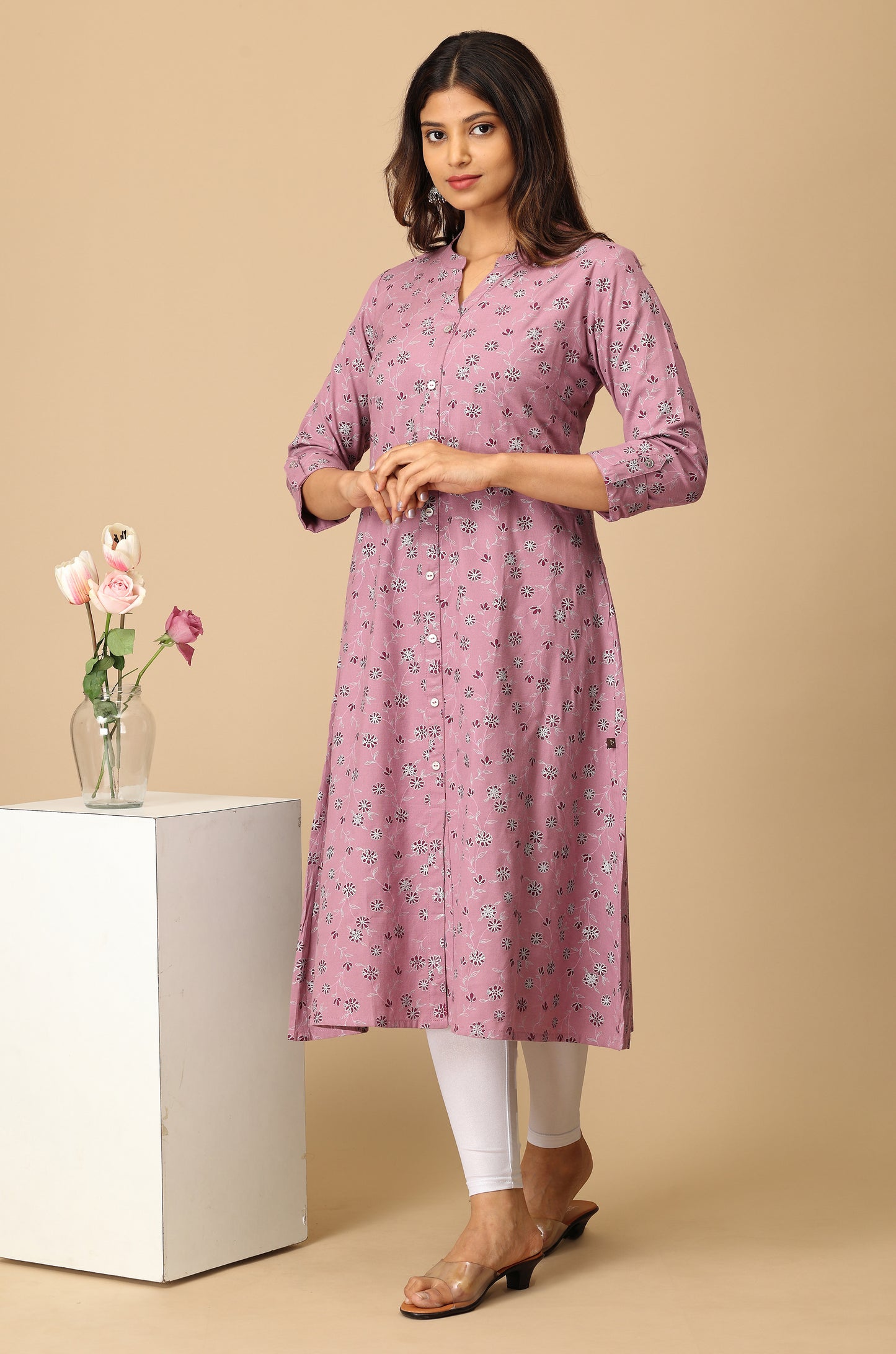Mauve Rayon Slub Printed A-Line Kurti