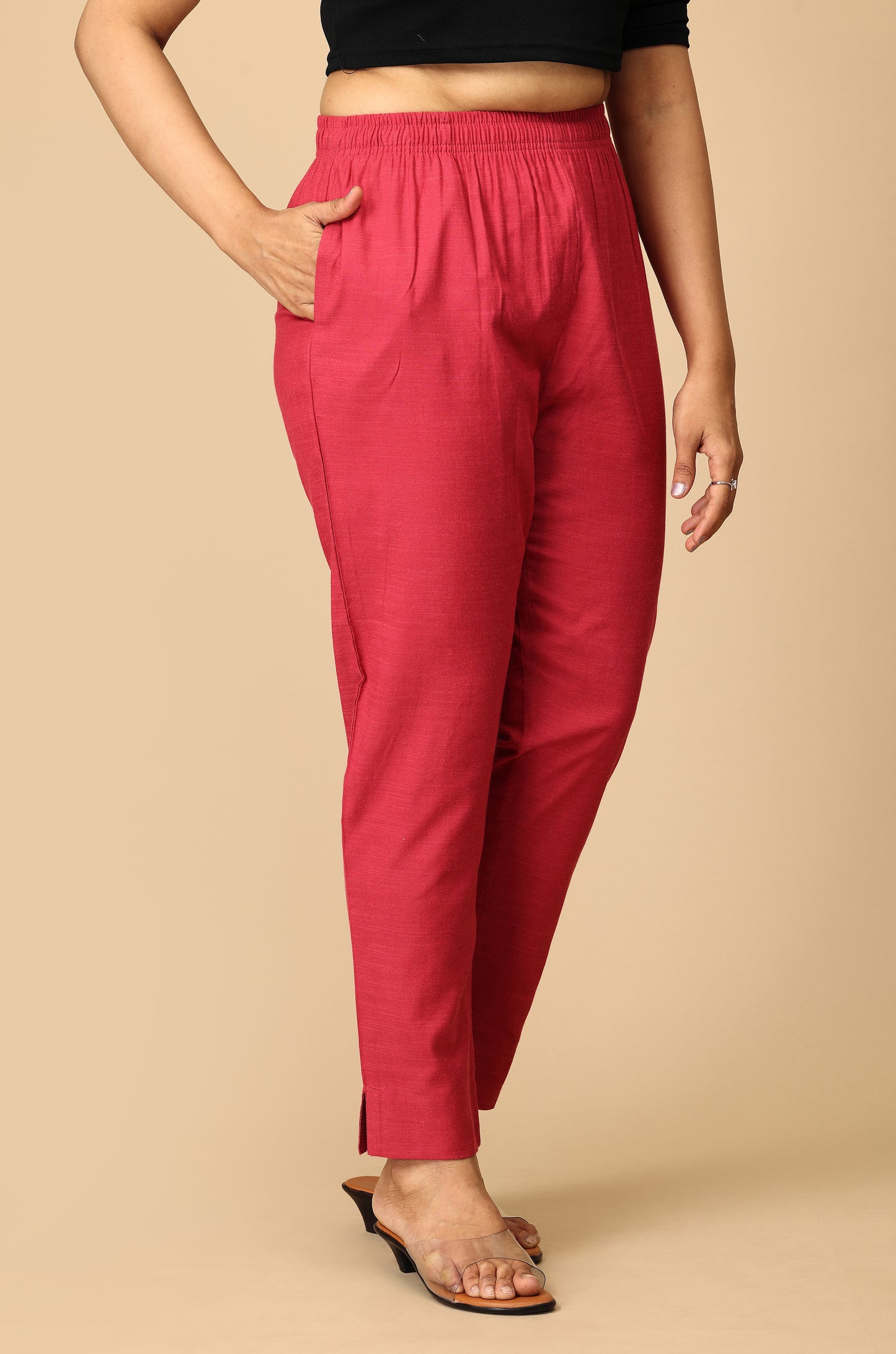 Magenta Rayon Slub Trouser Fit with Drawstring Cigarette Pant