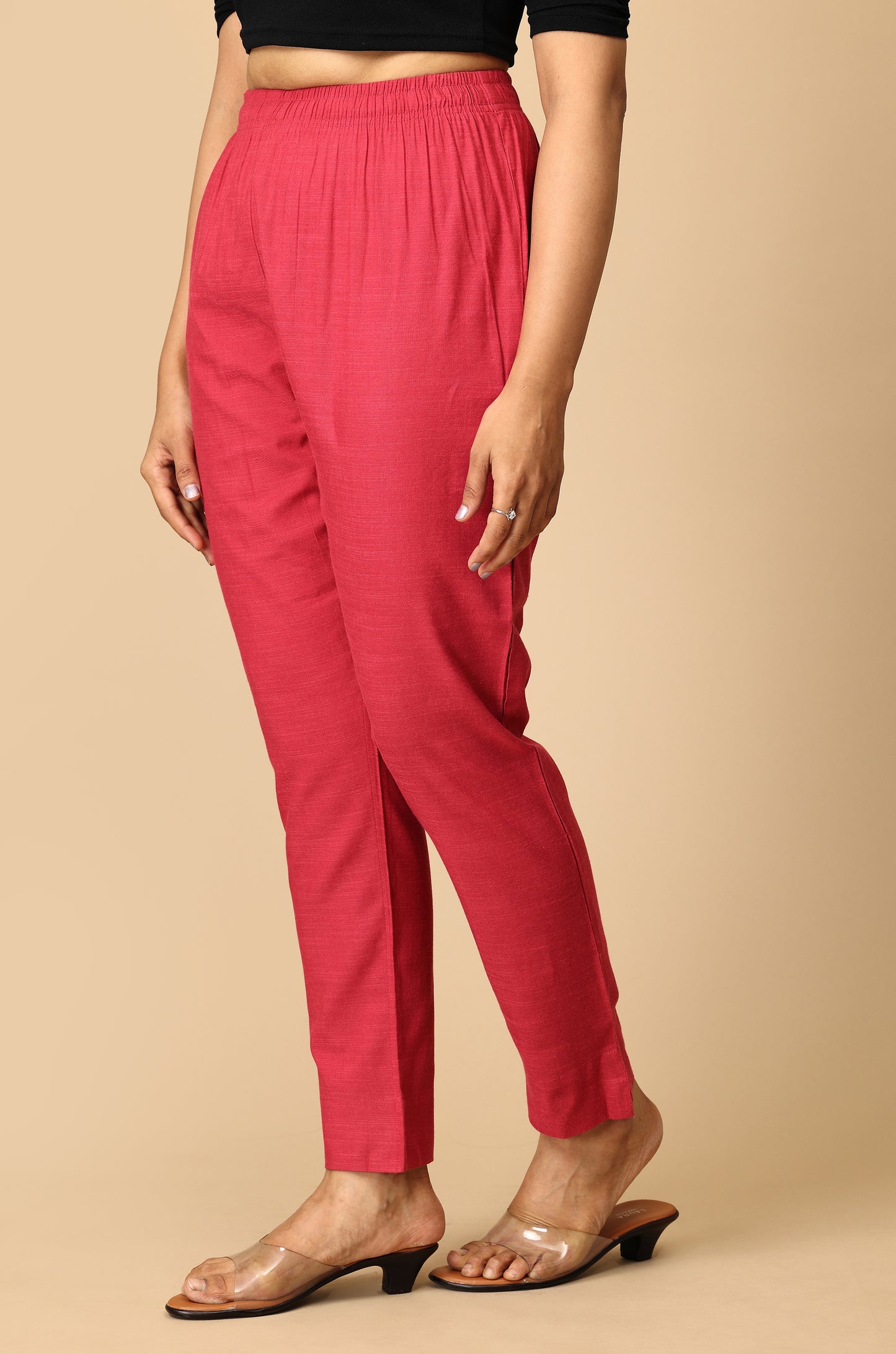 Magenta Rayon Slub Trouser Fit with Drawstring Cigarette Pant