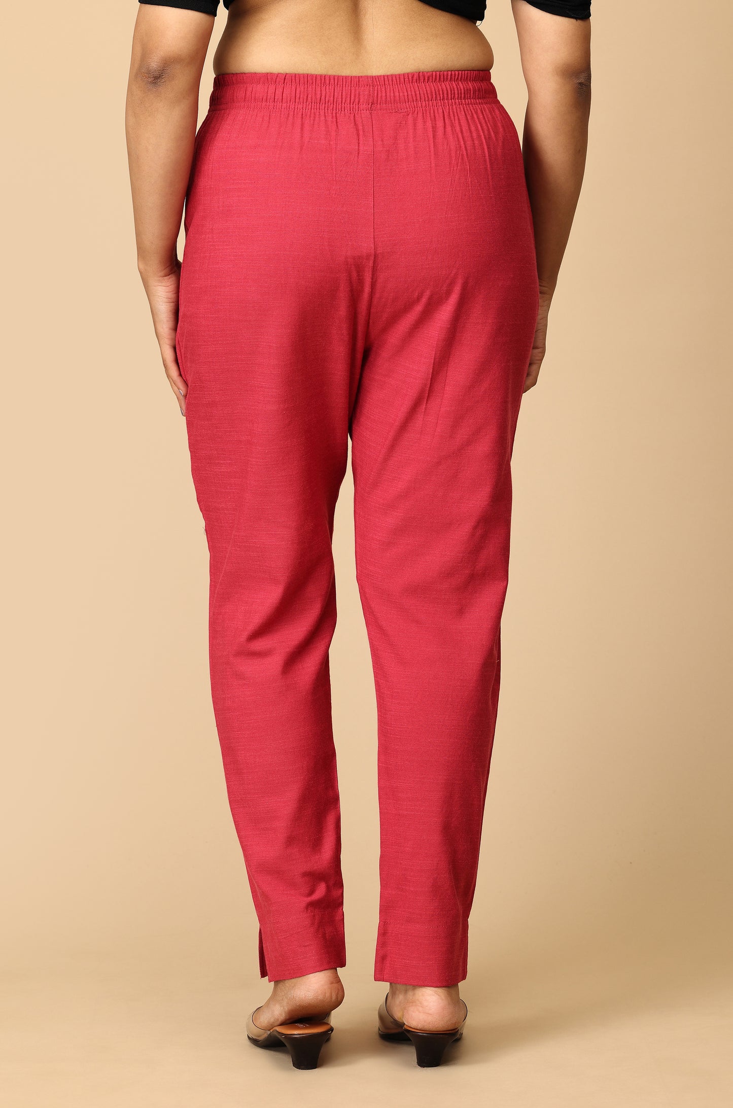 Magenta Rayon Slub Trouser Fit with Drawstring Cigarette Pant