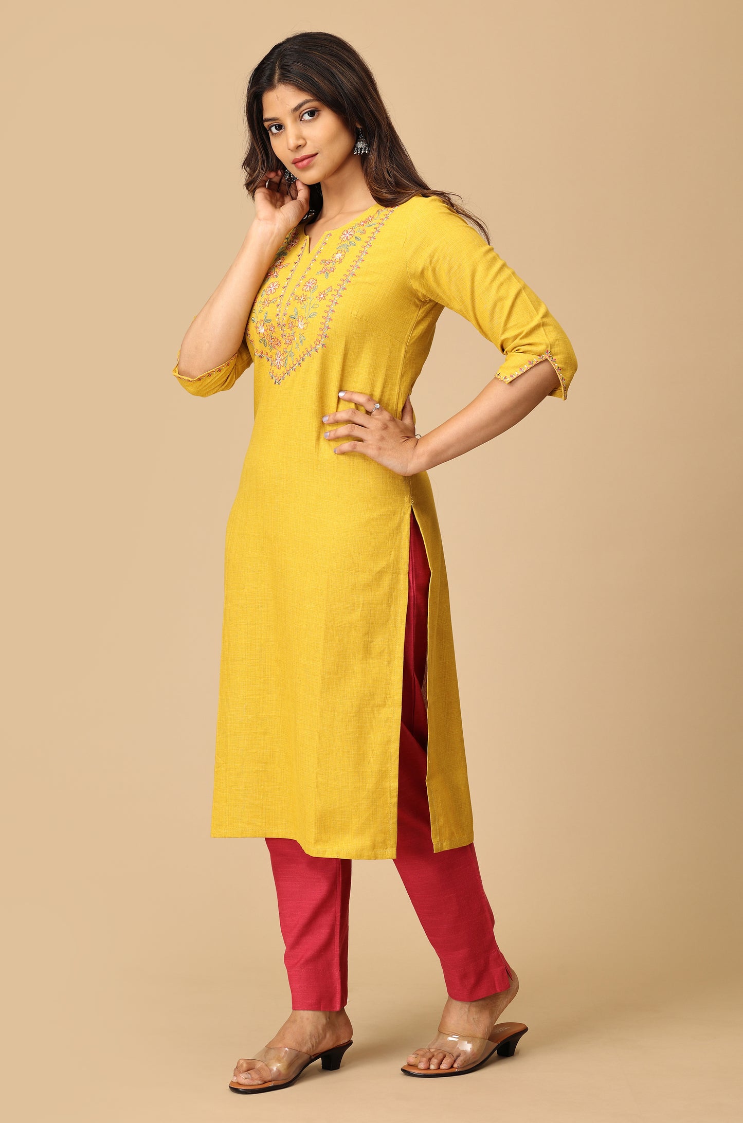 Mustard Khadi Embroidery Kurti