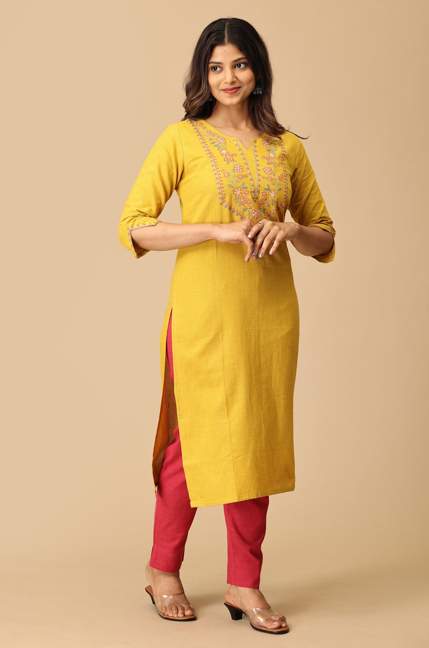 Mustard Khadi Embroidery Kurti
