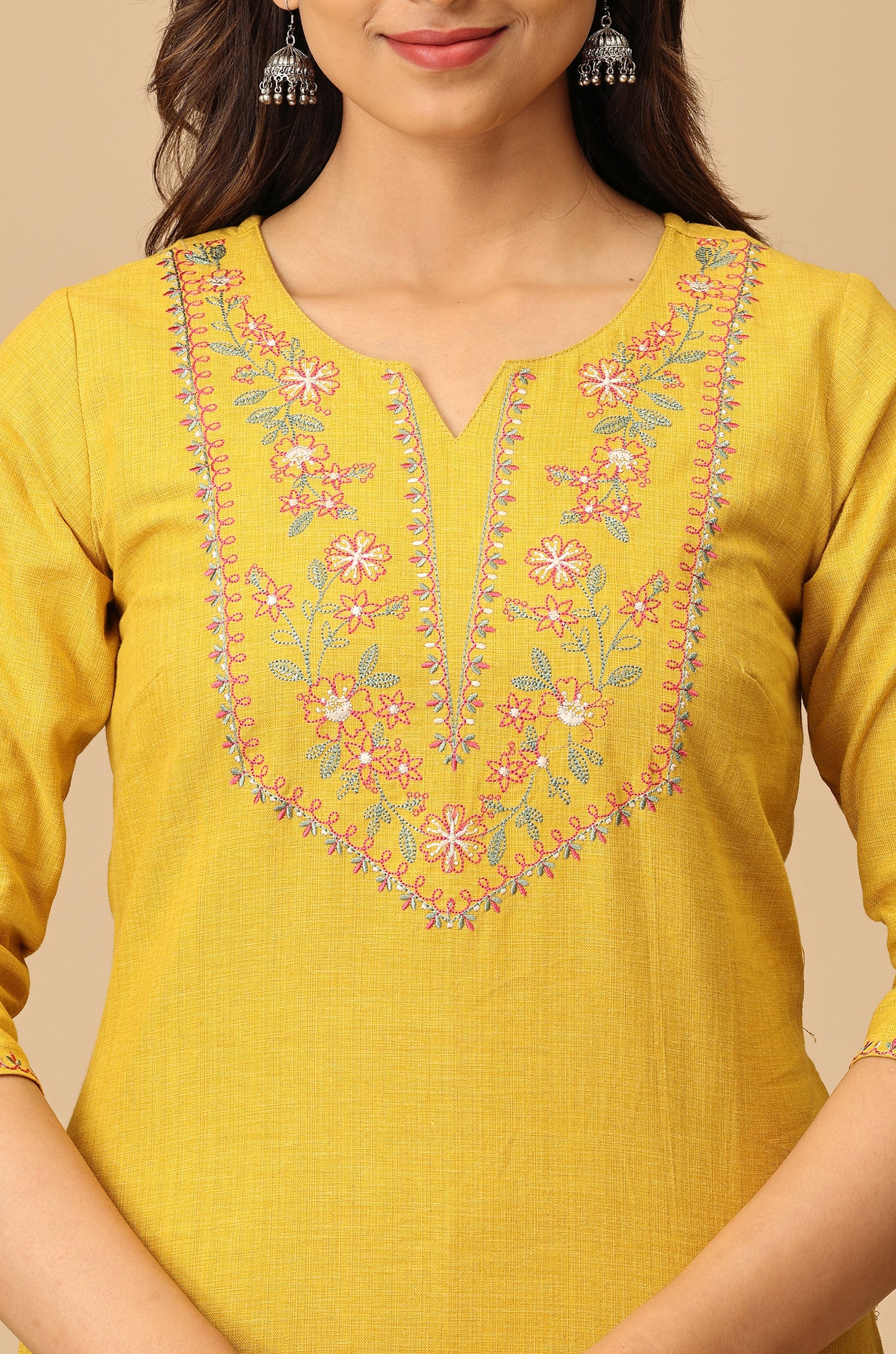 Mustard Khadi Embroidery Kurti
