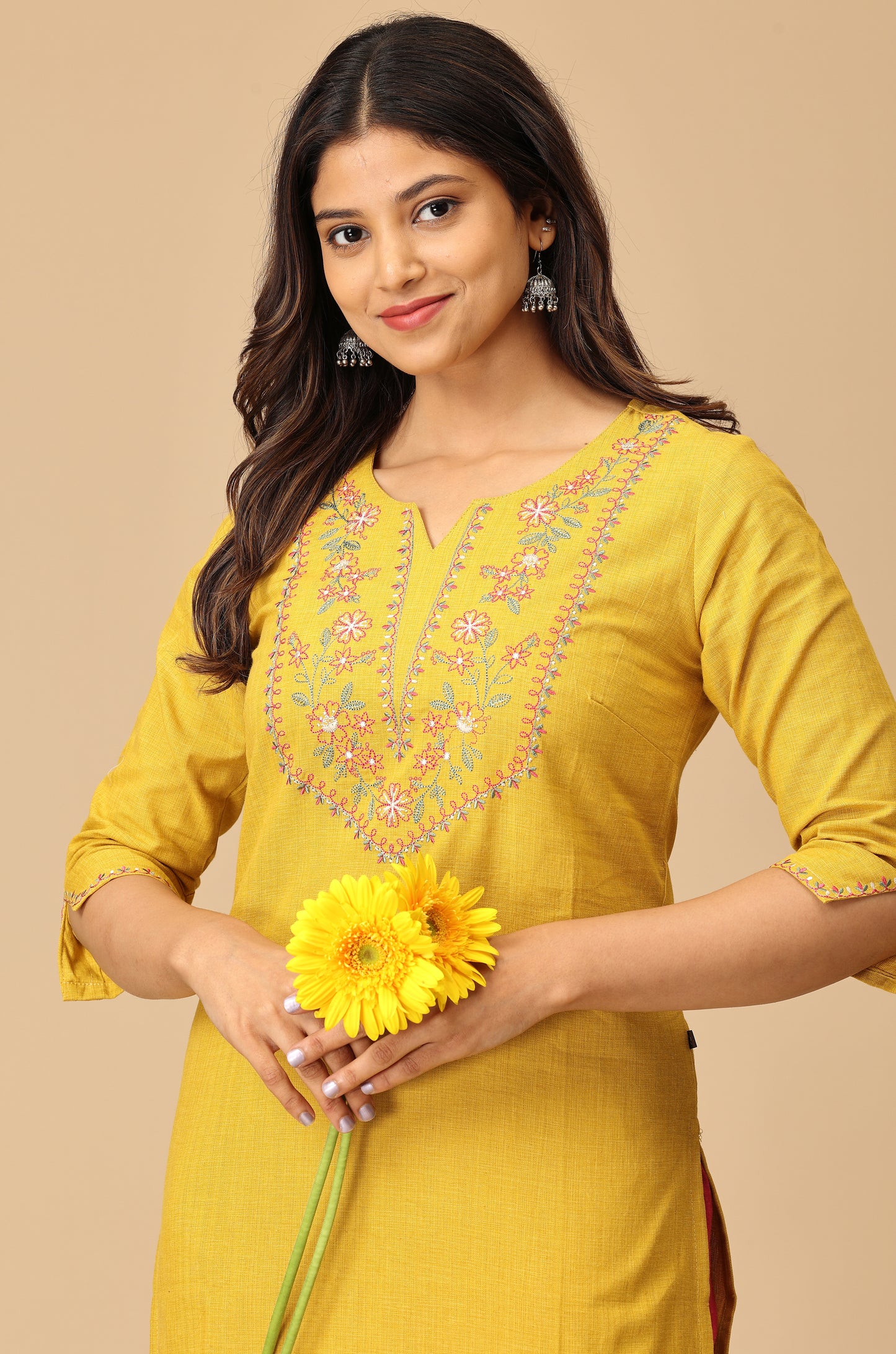 Mustard Khadi Embroidery Kurti