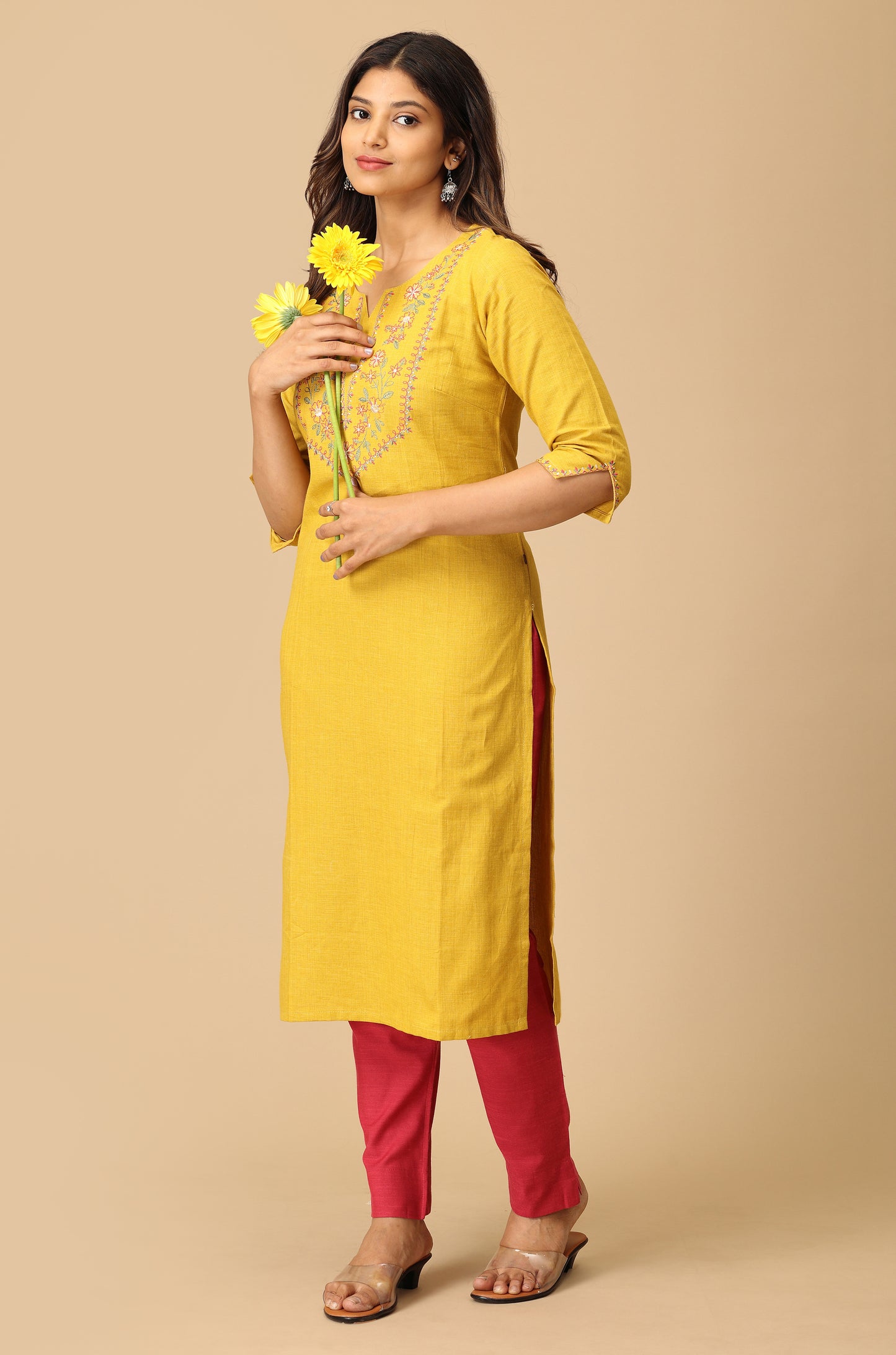Mustard Khadi Embroidery Kurti