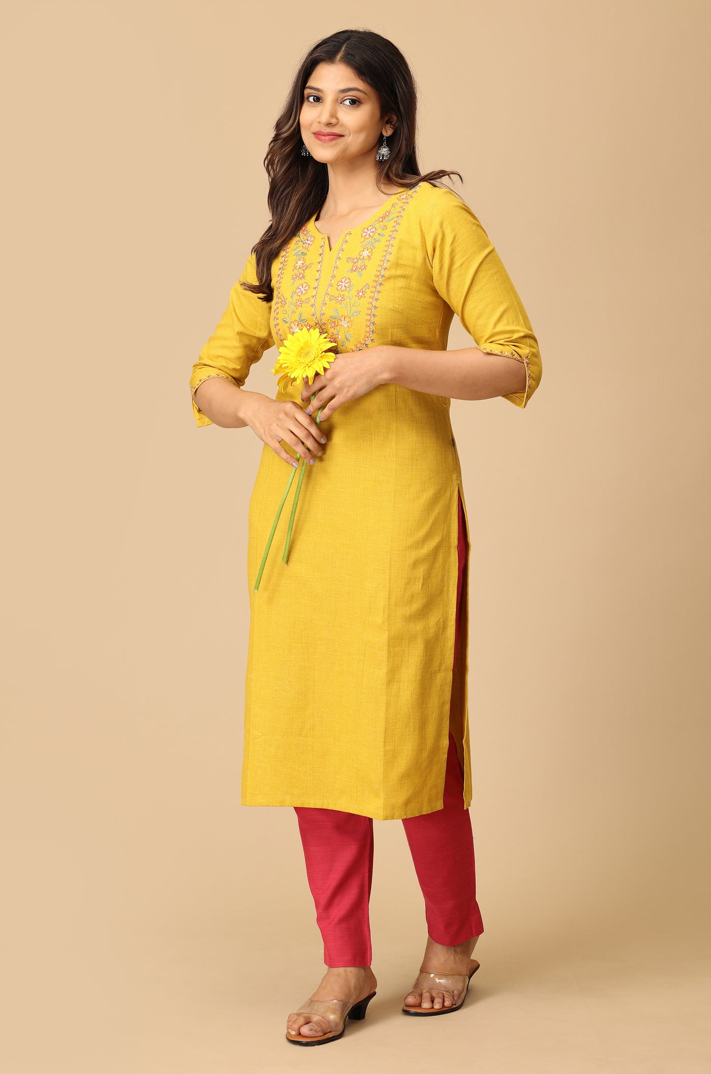 Mustard Khadi Embroidery Kurti